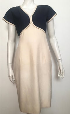 Valentino 1980s Silk Short Sleeve Navy & Cream Dress Size 6.