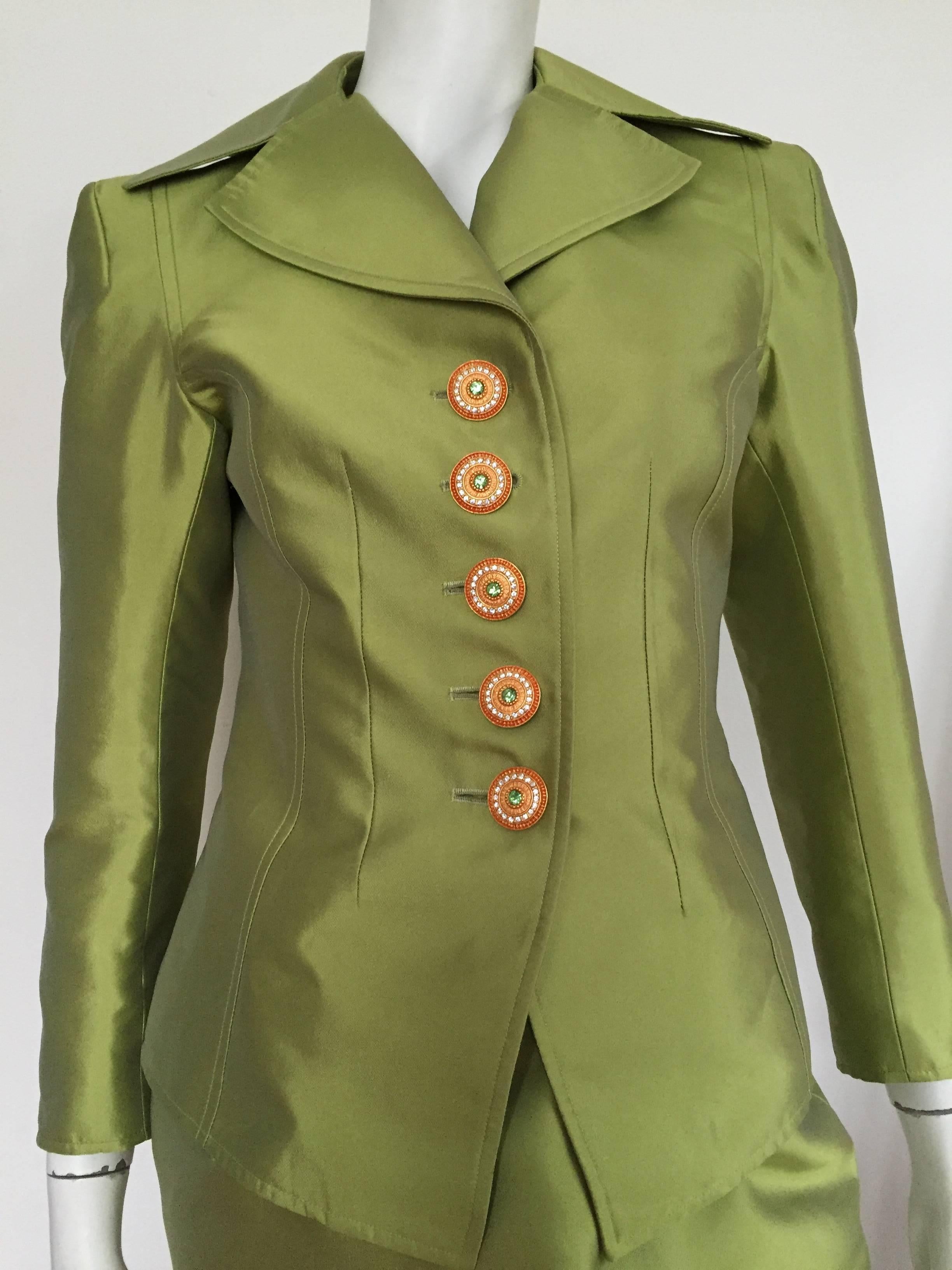 Christian Lacroix 1980s silk sage green skirt suit French size 38 but fits like an USA size 4 ( Please see & use the measurements I provide so that you can make sure this suit will fit you like Lacroix wants it to). Gold rhinestone encrusted buttons