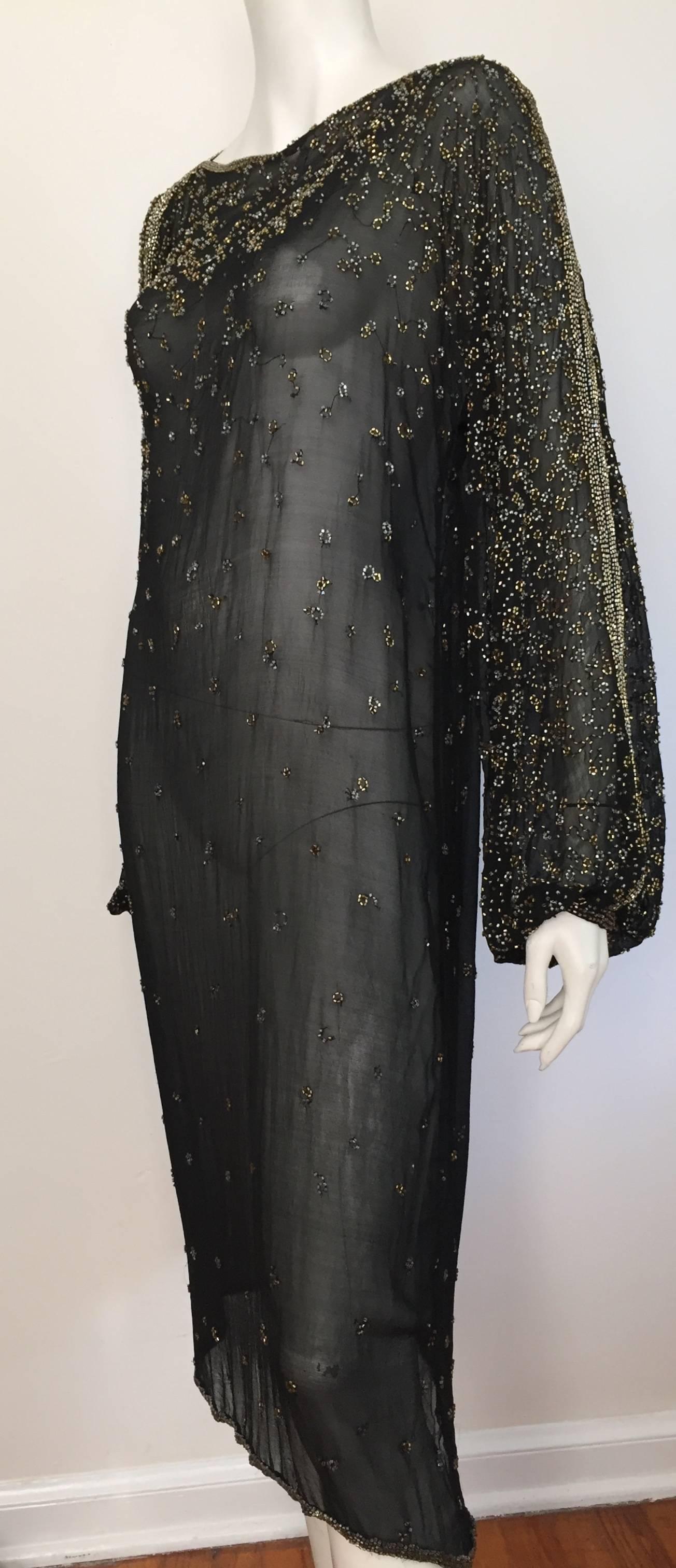 Halston 70s black silk beaded dress size 8 / 10.  1