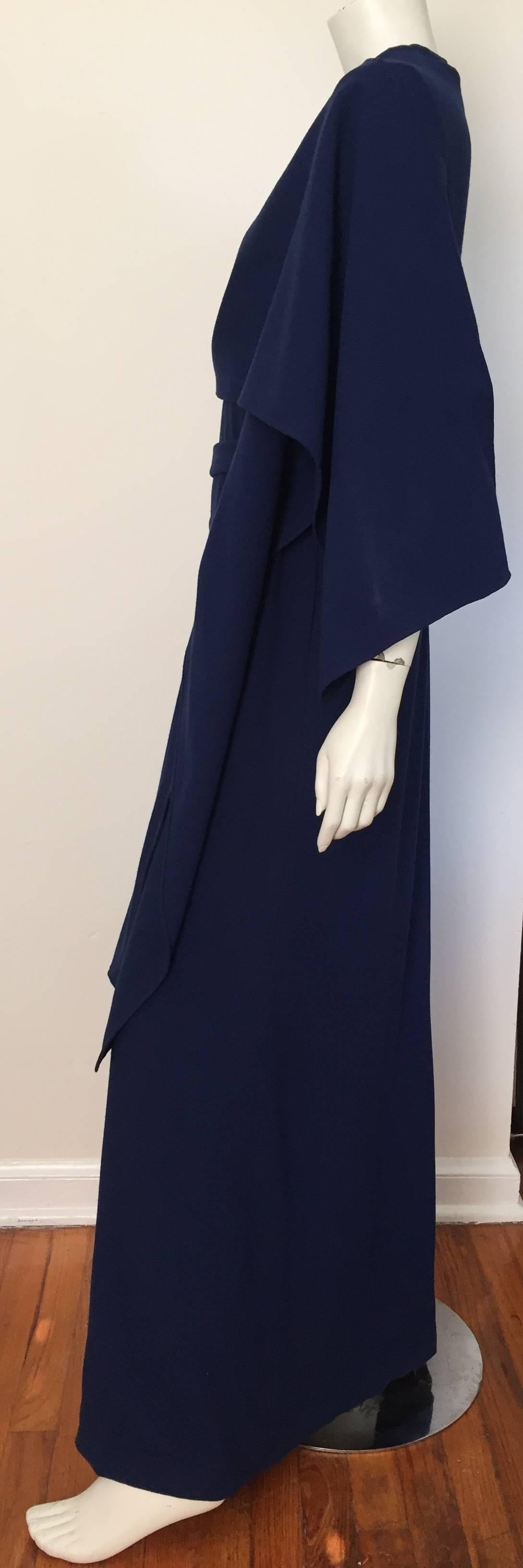 Women's Pauline Trigere 70s navy wool long dress with shawl size 12 / 14. For Sale