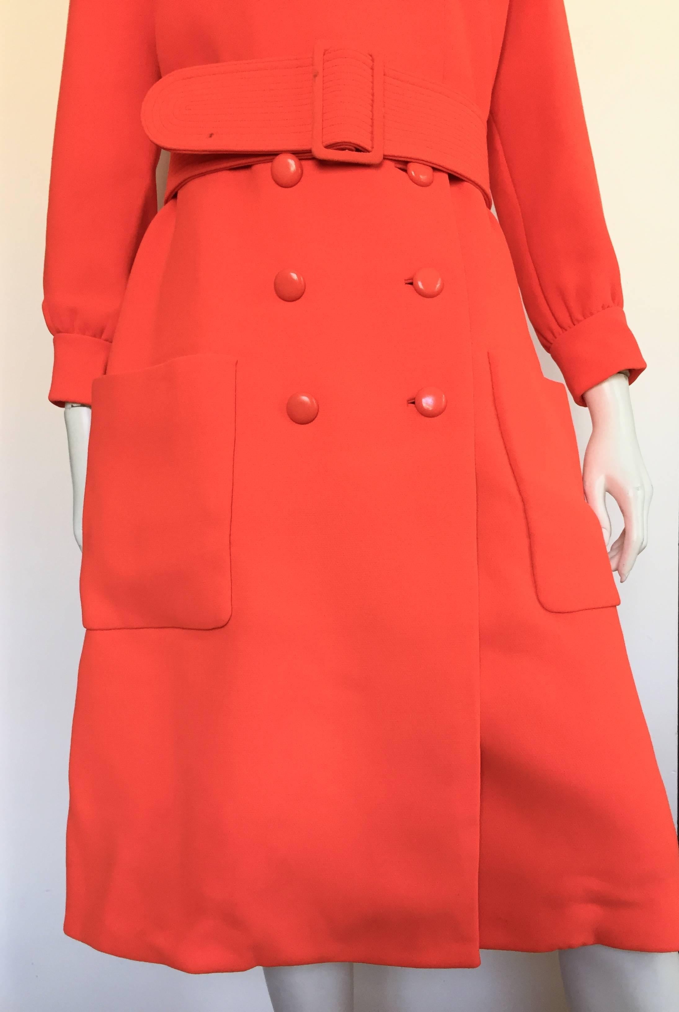 Red Norman Norell 60s orange wool coat with belt size 6 / 8. For Sale