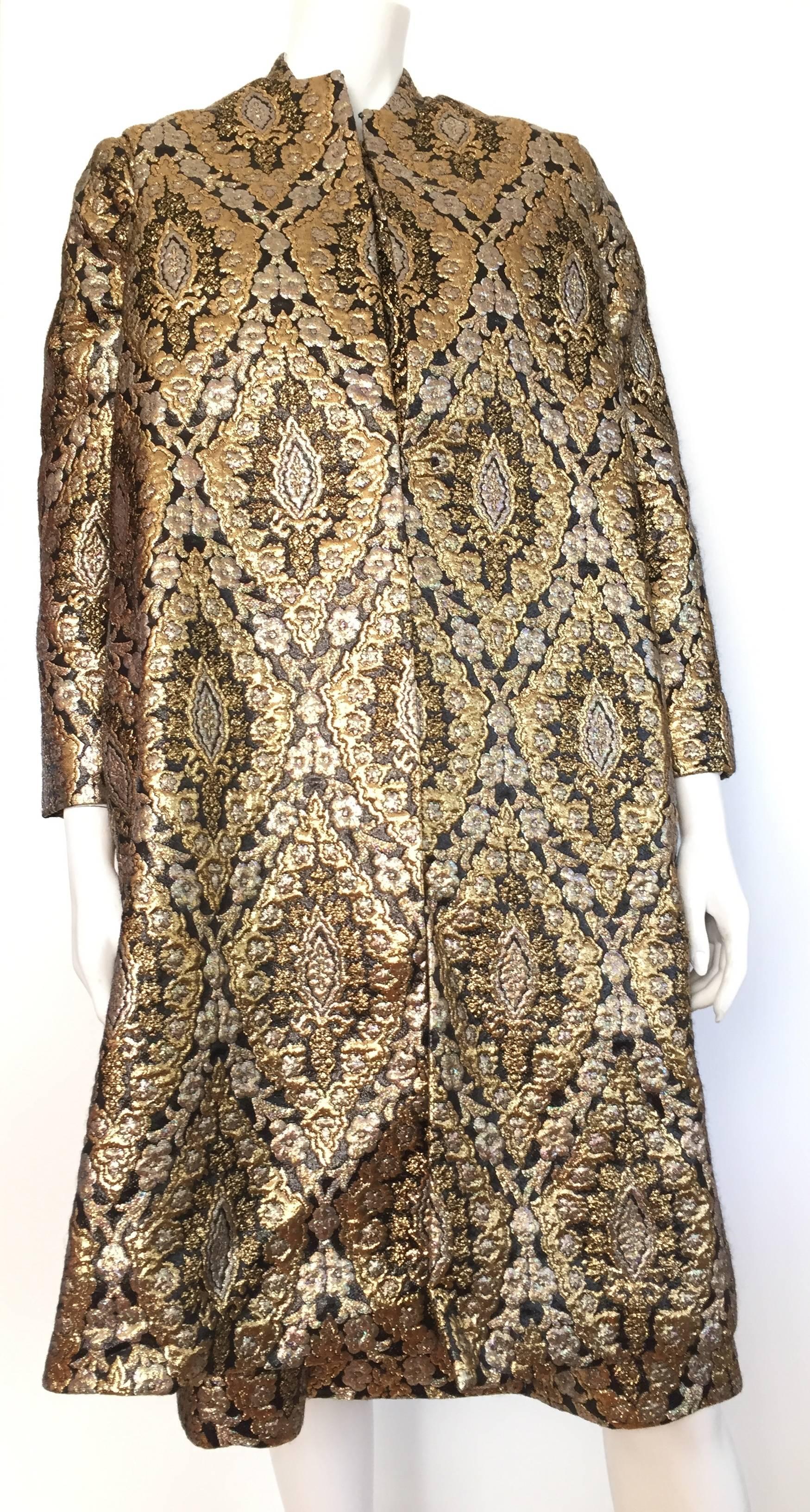 Richard Tam 1961 silk brocade long sleeve evening jacket / coat with matching sleeveless dress is a size 12 / 14 but please see & use measurements below so that you can properly measure your lovely body to make certain this will fit. Remember