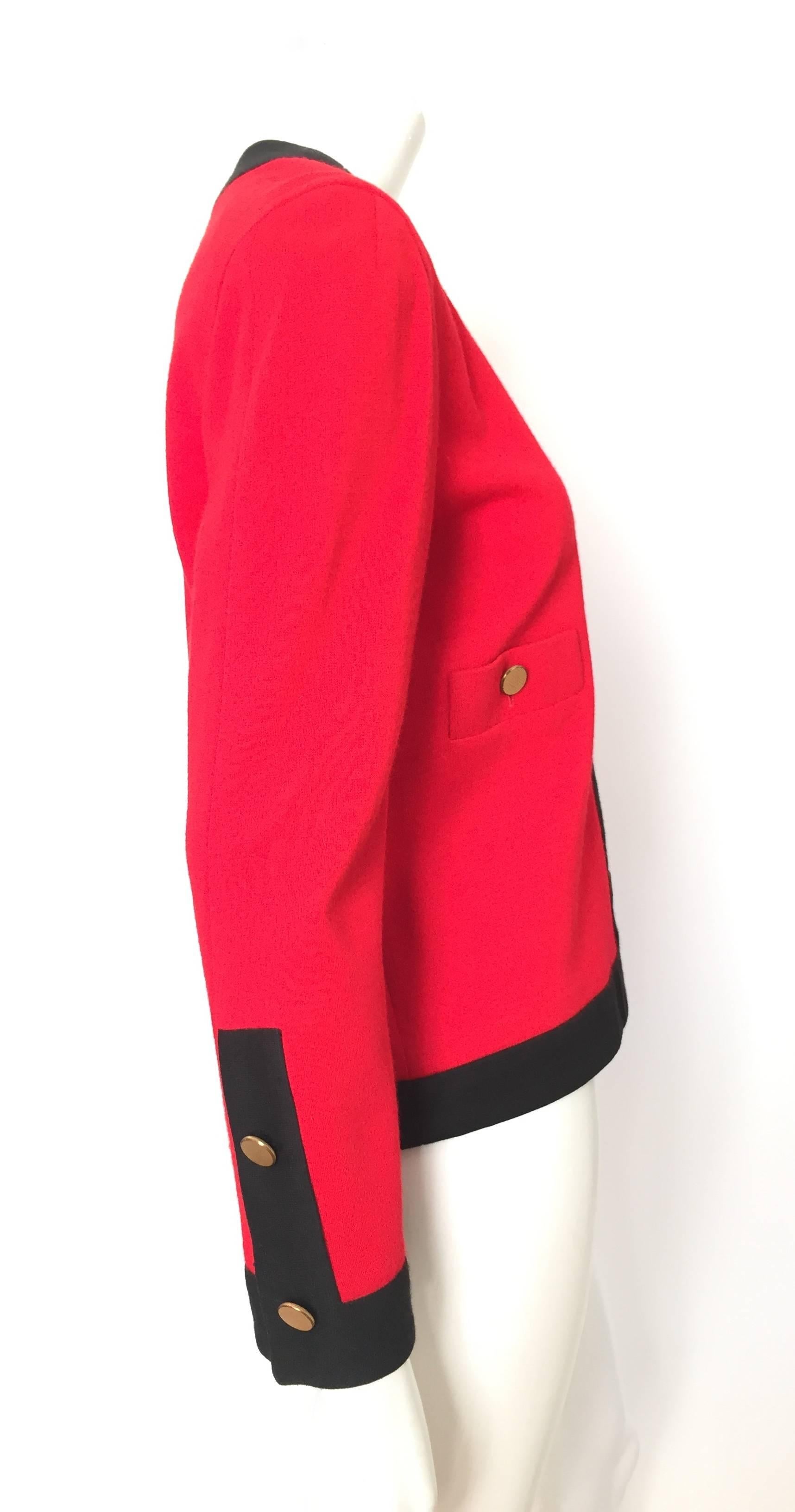 Carven Boutique Paris 1960s fire engine red with black trim and gold buttons is a vintage French size 8 / 40 but fits like a modern USA size 6 but please see & use the measurements below so you can properly measure your body to make certain this