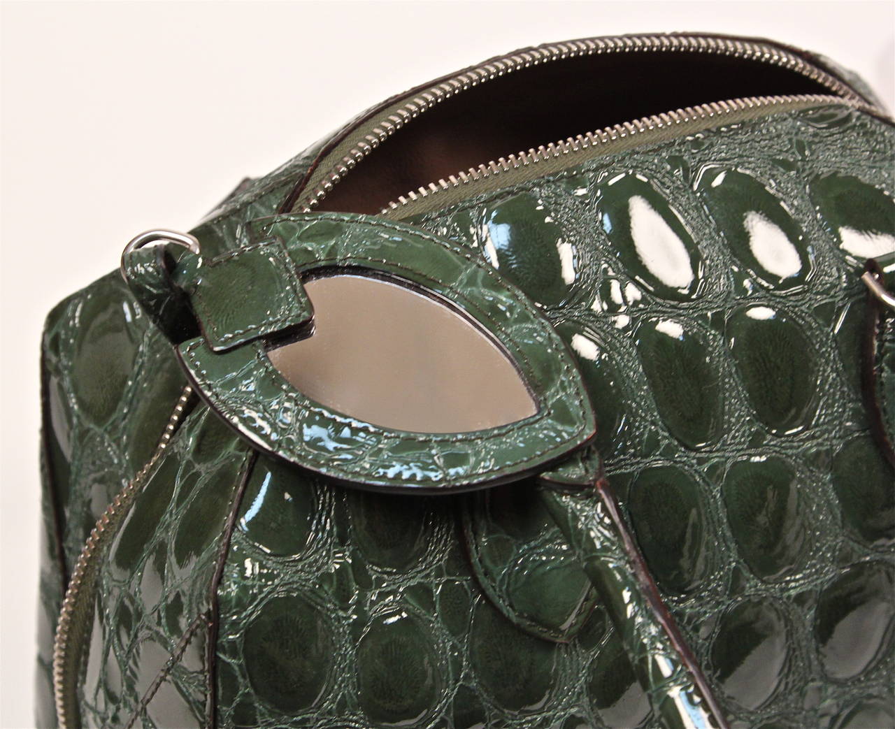 Black new AZZEDINE ALAIA green crocodile embossed patent leather bag