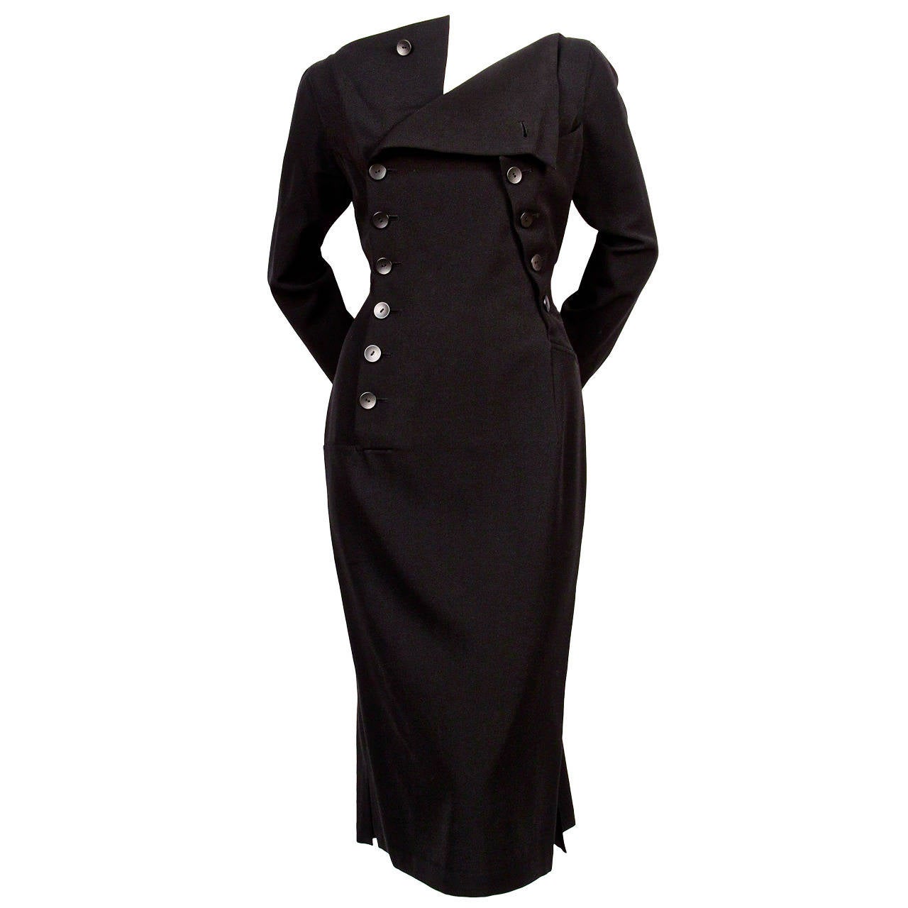 1980's YOHJI YAMAMOTO black dress with asymmetrical button closure