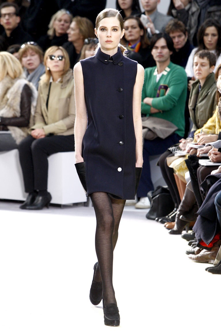 CELINE navy blue coat dress with leather pockets at 1stDibs