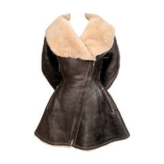 Retro 1987 AZZEDINE ALAIA flared brown shearling coat with shawl collar