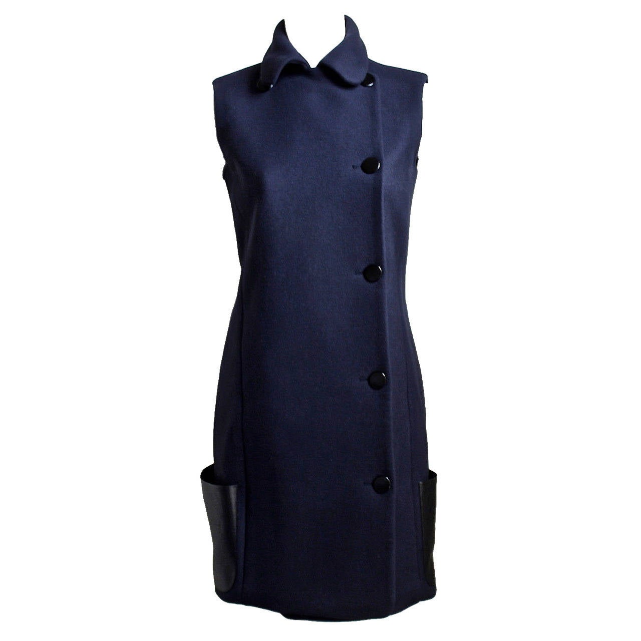 CELINE navy blue coat dress with leather pockets