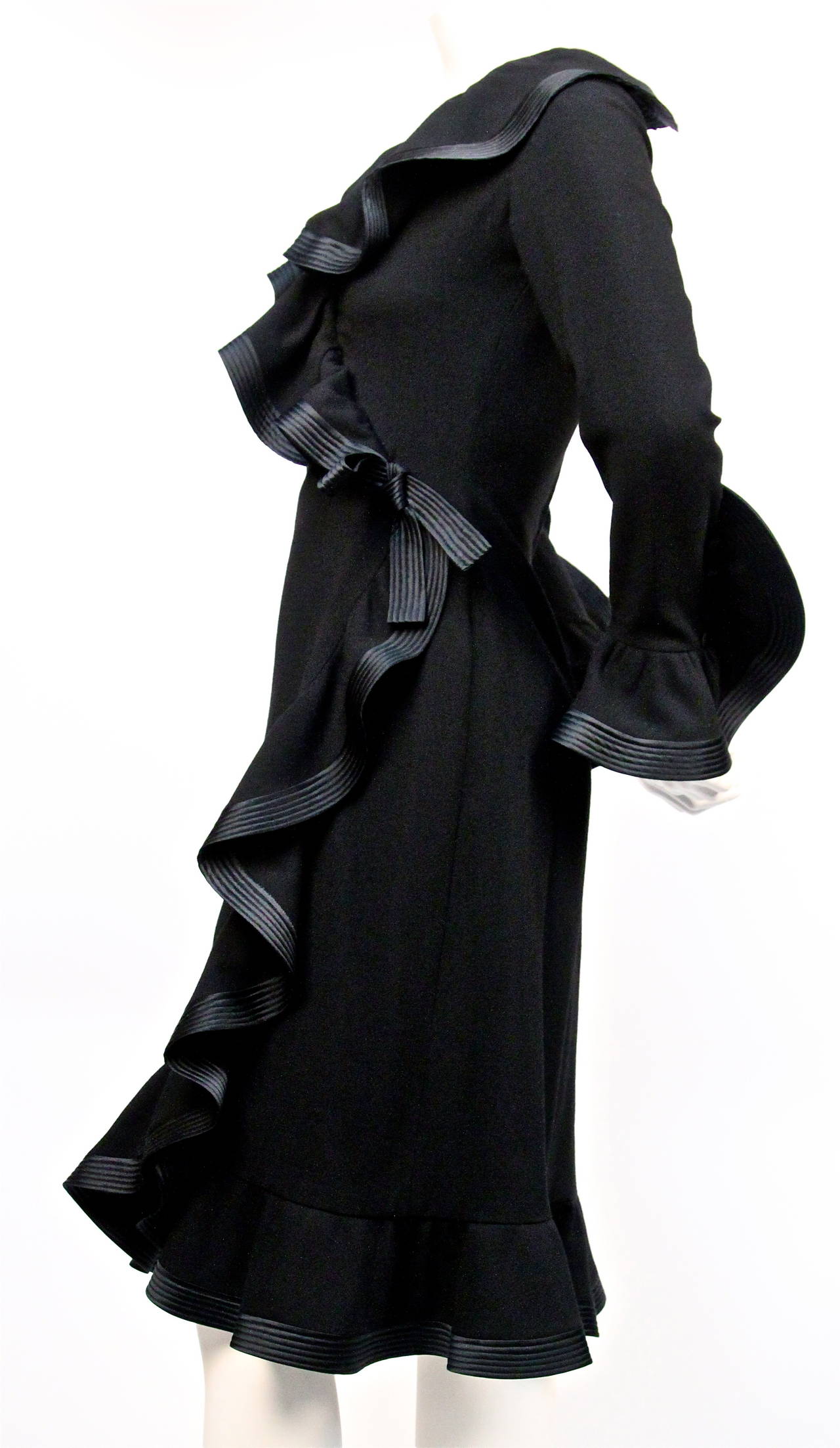 70's PIERRE BALMAIN haute couture black dress with flounced trim