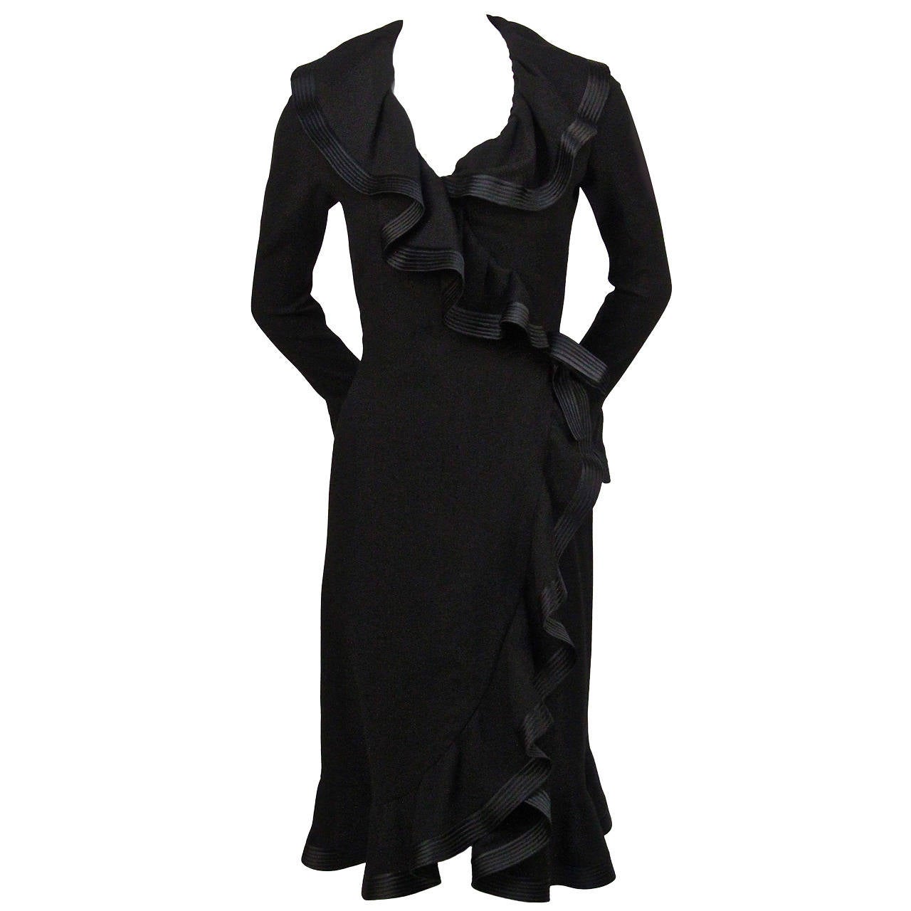 70's PIERRE BALMAIN haute couture black dress with flounced trim at 1stDibs