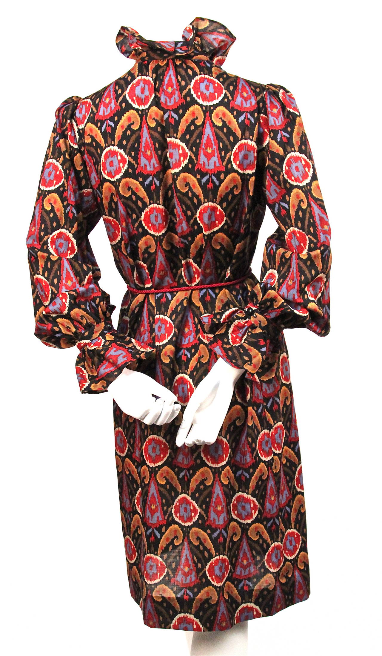 Black 1970's YVES SAINT LAURENT wool challis ikat print dress with rope belt