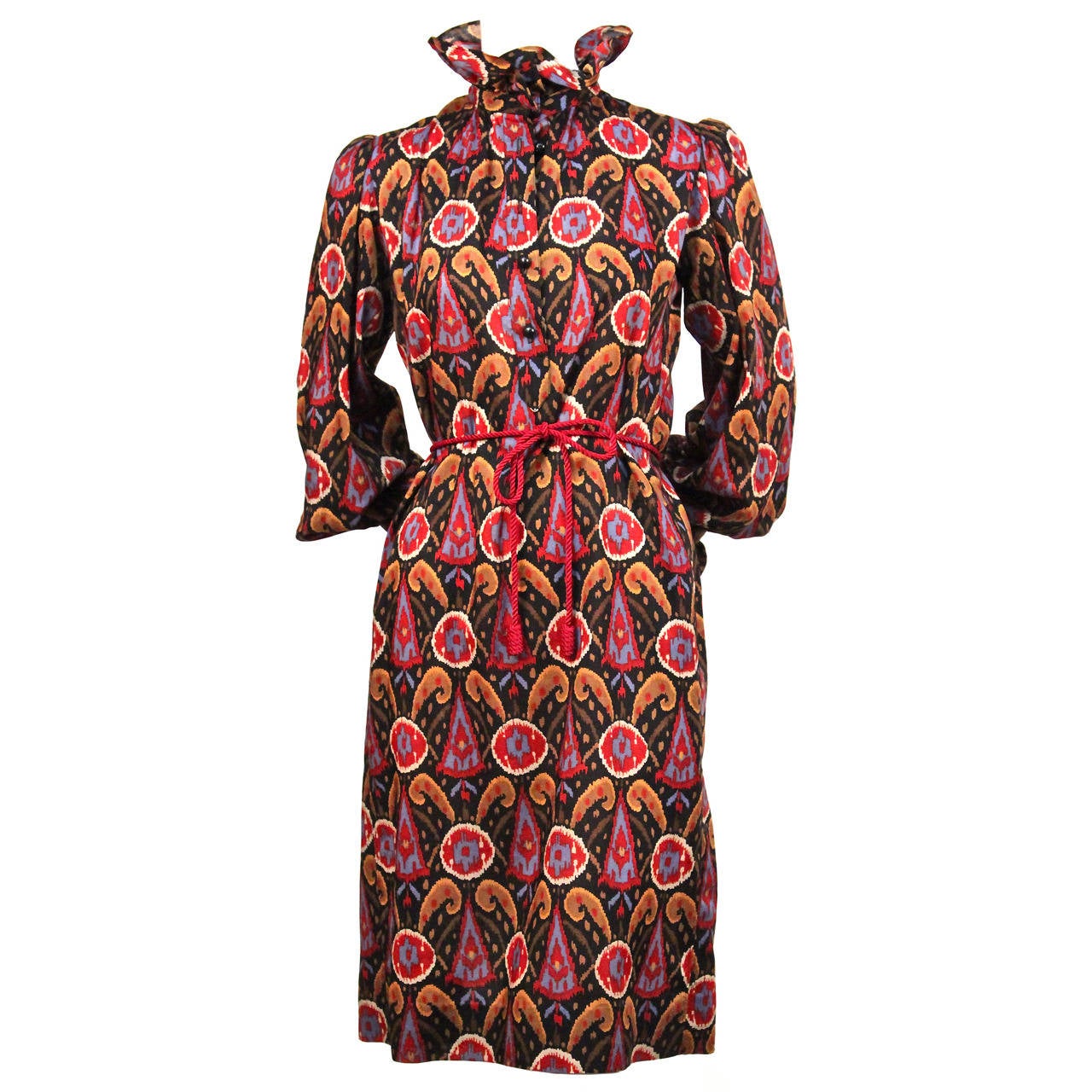 1970's YVES SAINT LAURENT wool challis ikat print dress with rope belt ...