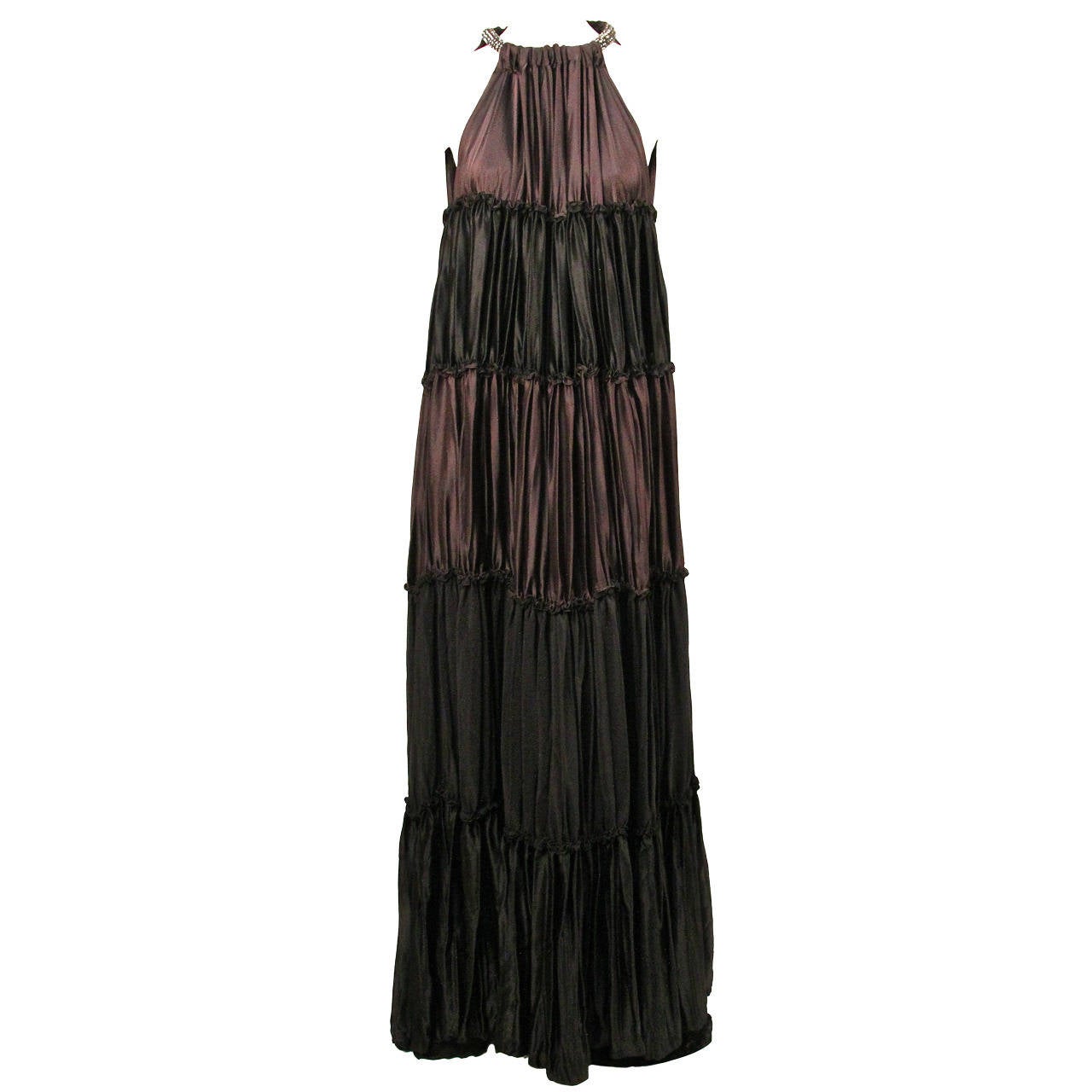 Lanvin brown silk tiered gown with rhinestone collar For Sale at 1stDibs