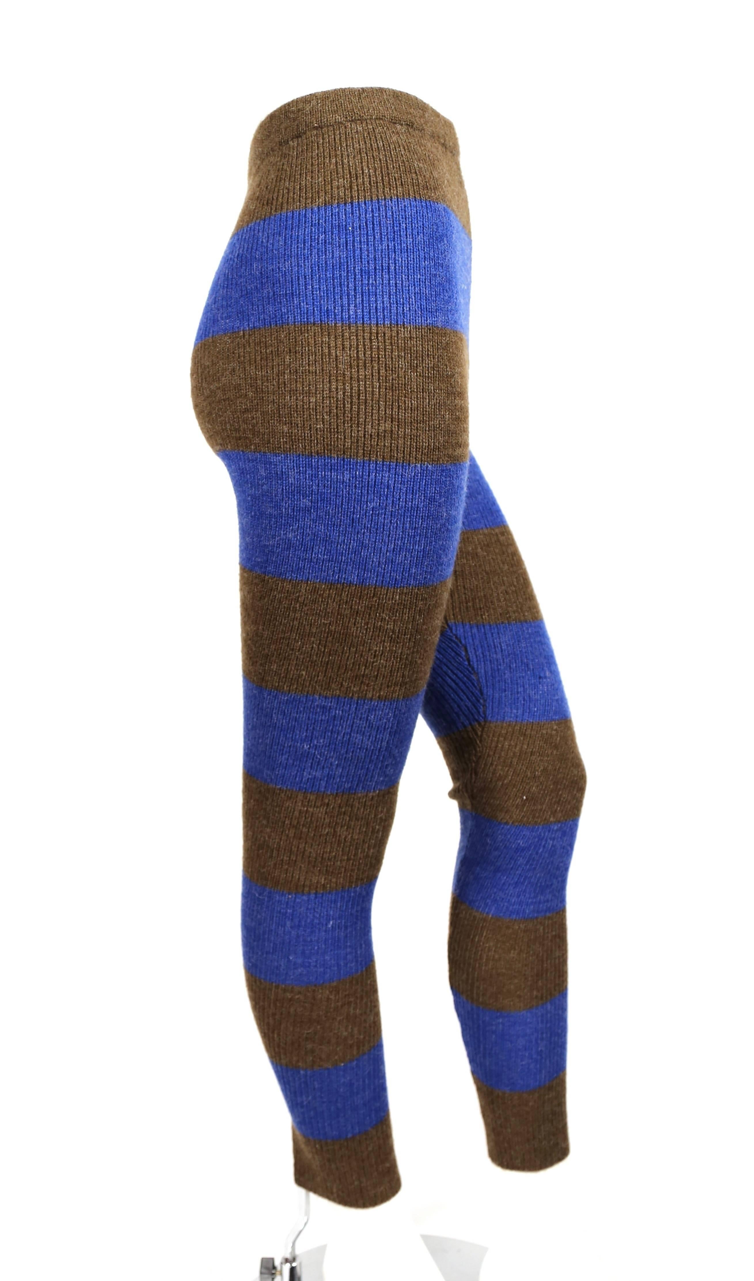 Black 1970's ISSEY MIYAKE heathered brown & cobalt blue striped knit leggings