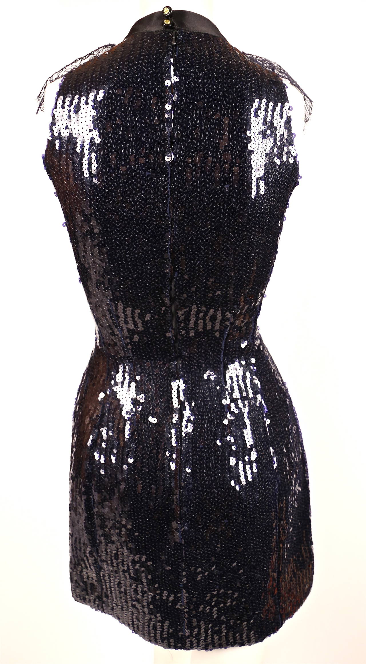 1987 CHANEL navy blue sequined mini dress with chantilly lace collar & satin bow 2