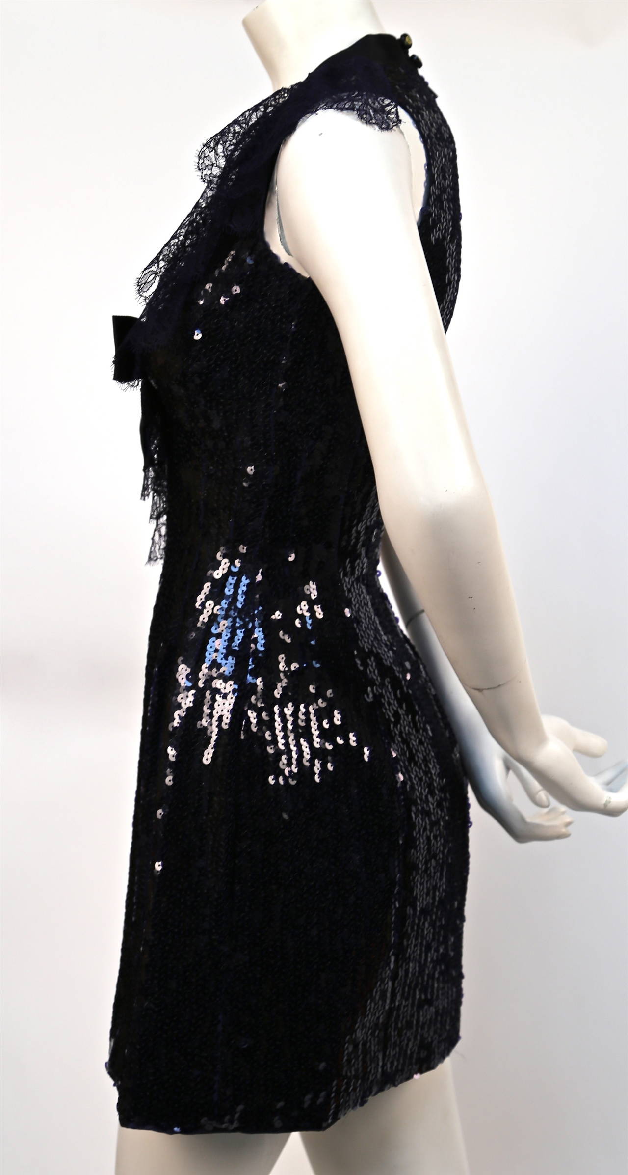Women's 1987 CHANEL navy blue sequined mini dress with chantilly lace collar & satin bow