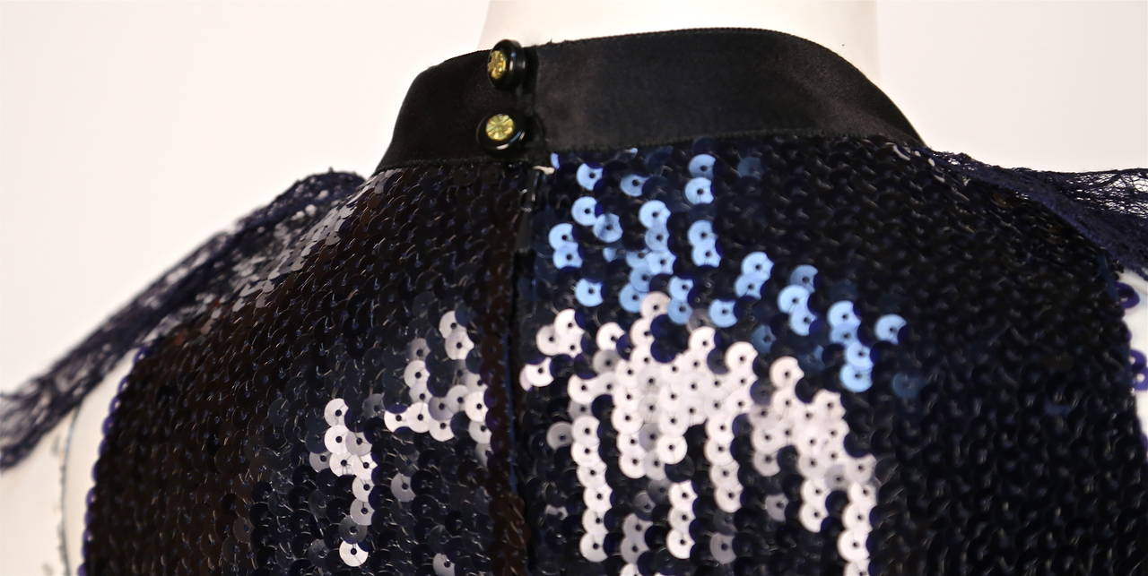 1987 CHANEL navy blue sequined mini dress with chantilly lace collar & satin bow 3