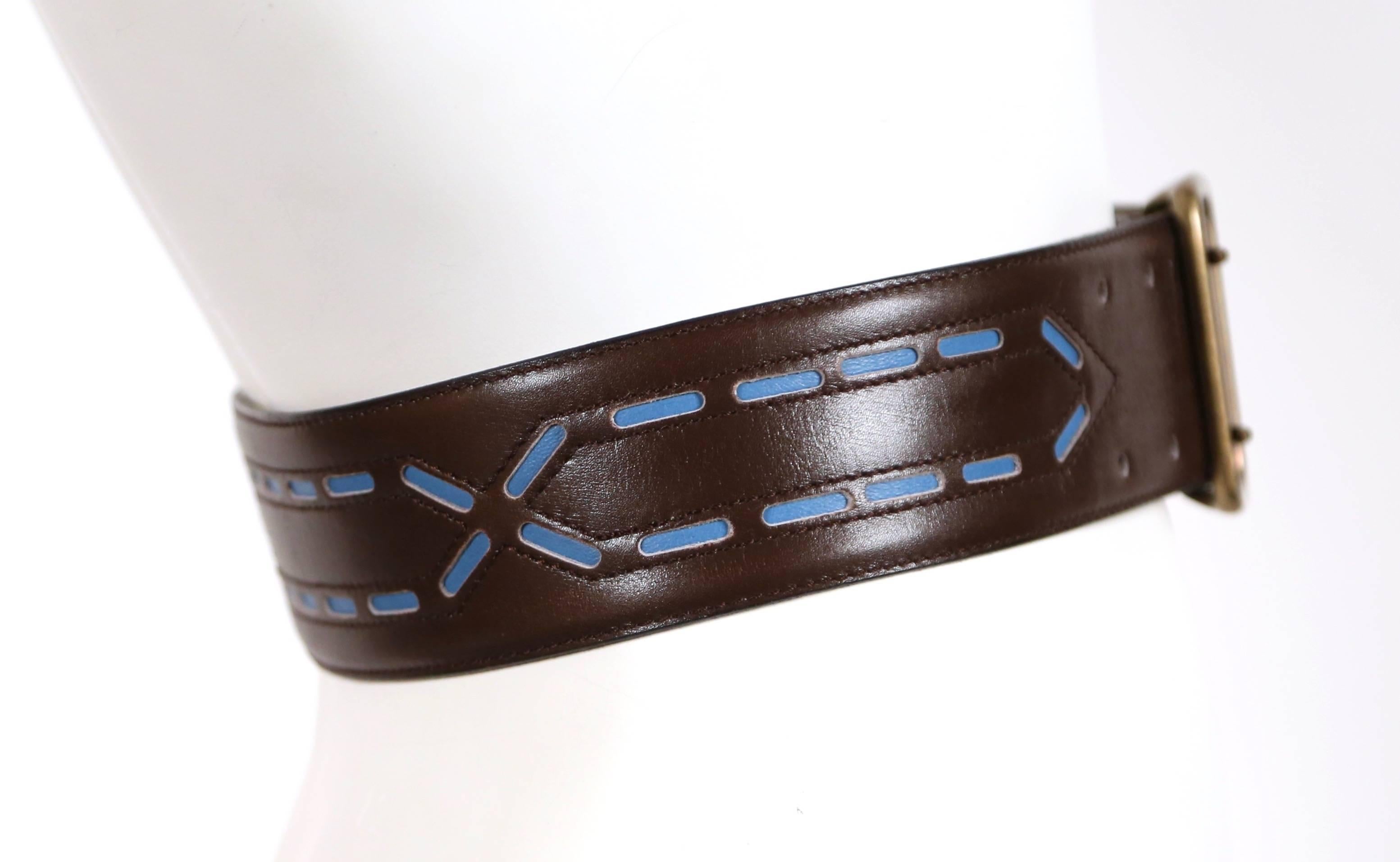Black Azzedine Alaïa brown leather belt with blue accents, 1990s  