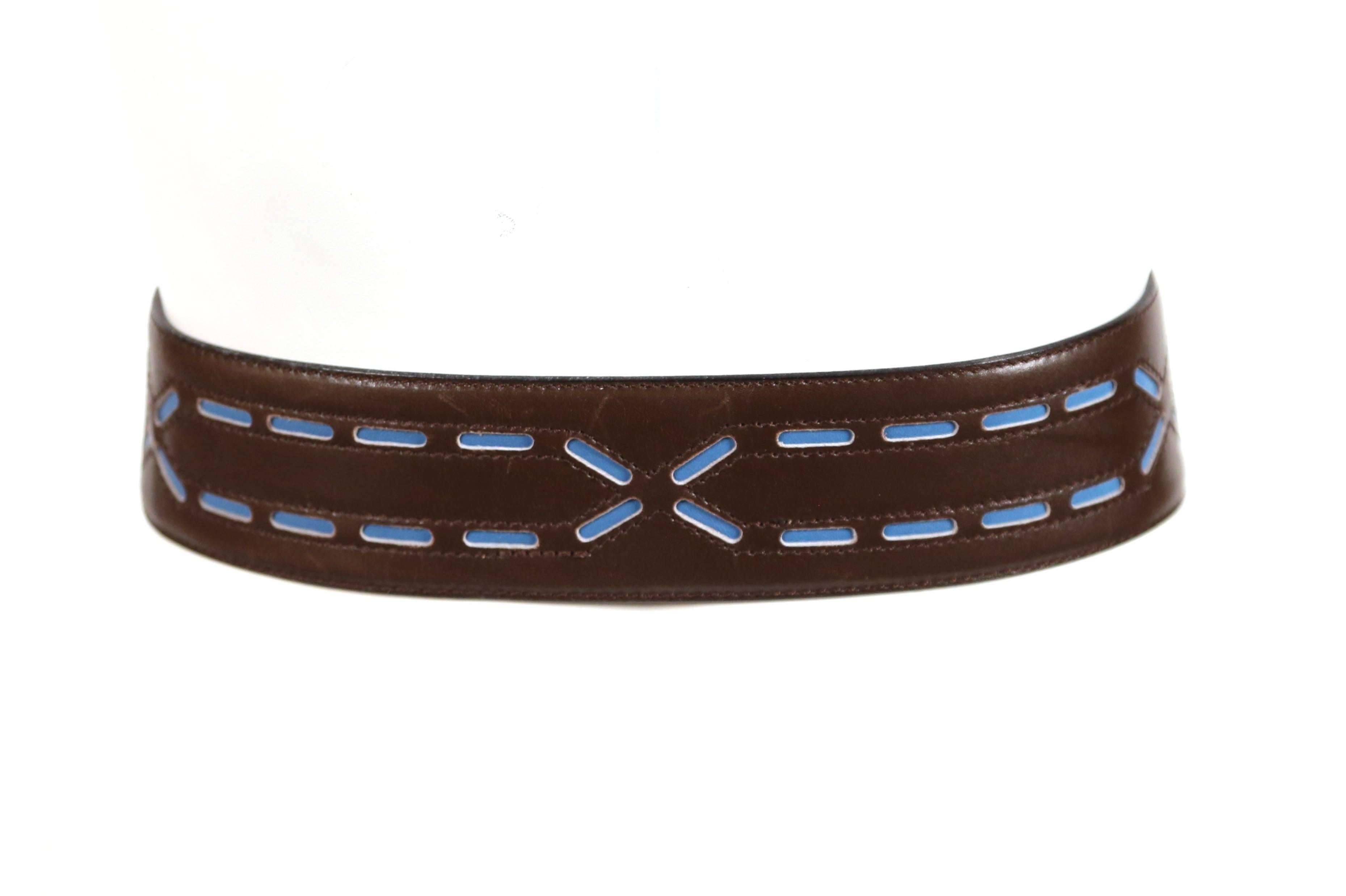 Azzedine Alaïa brown leather belt with blue accents, 1990s   In Excellent Condition In San Fransisco, CA