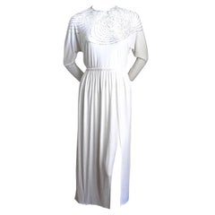 Vintage 1970's HALSTON white silk jersey dress with silver beading