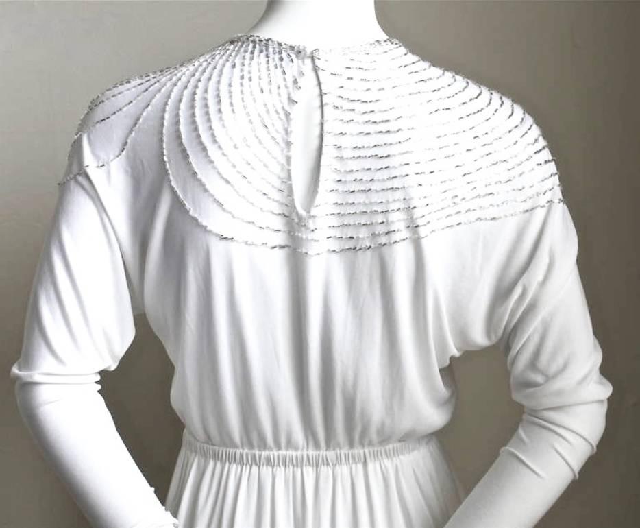 Gray 1970's HALSTON white silk jersey dress with silver beading