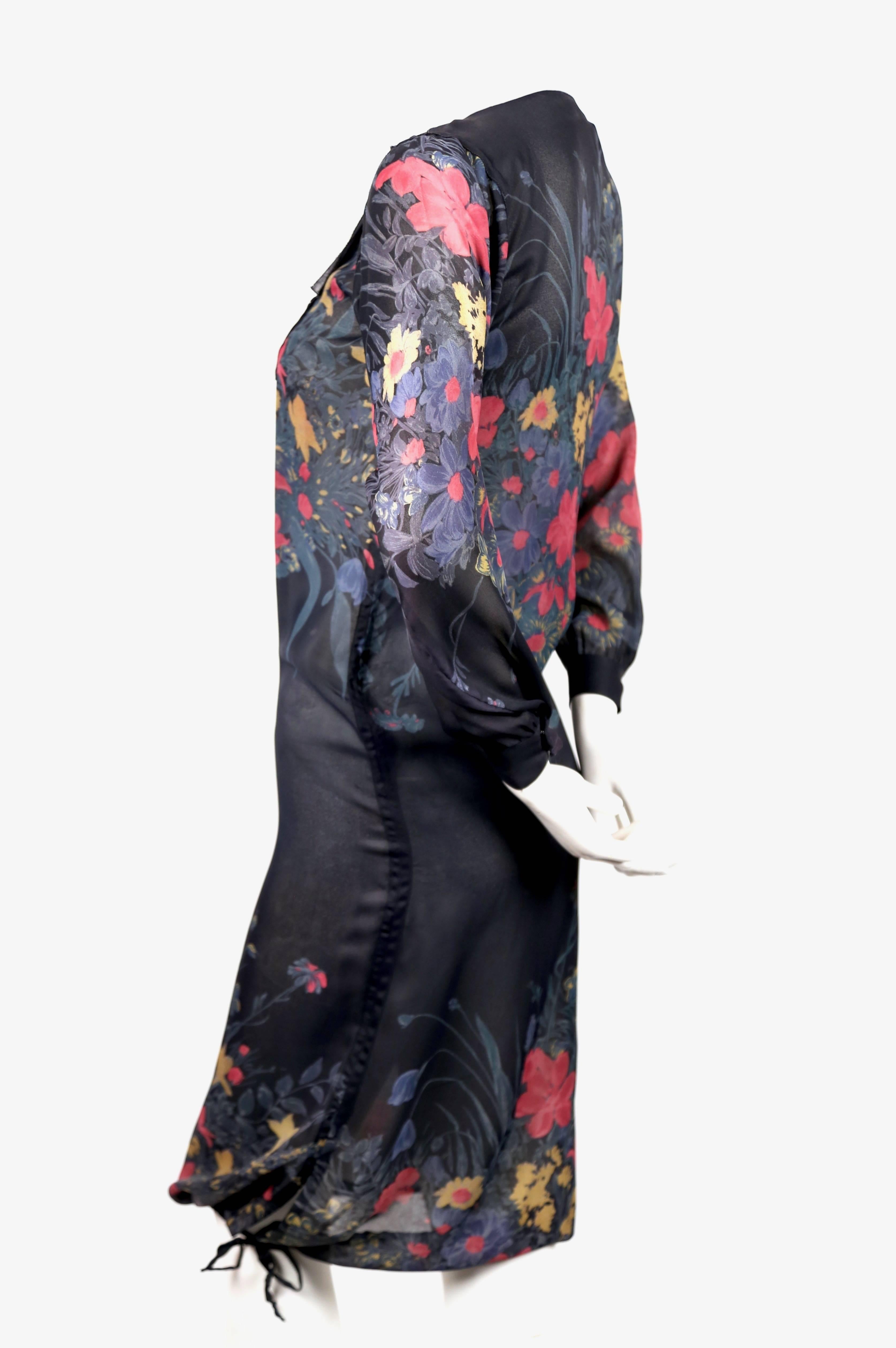 Black 1970's SONIA RYKIEL sheer floral silk dress with drawstring hemline