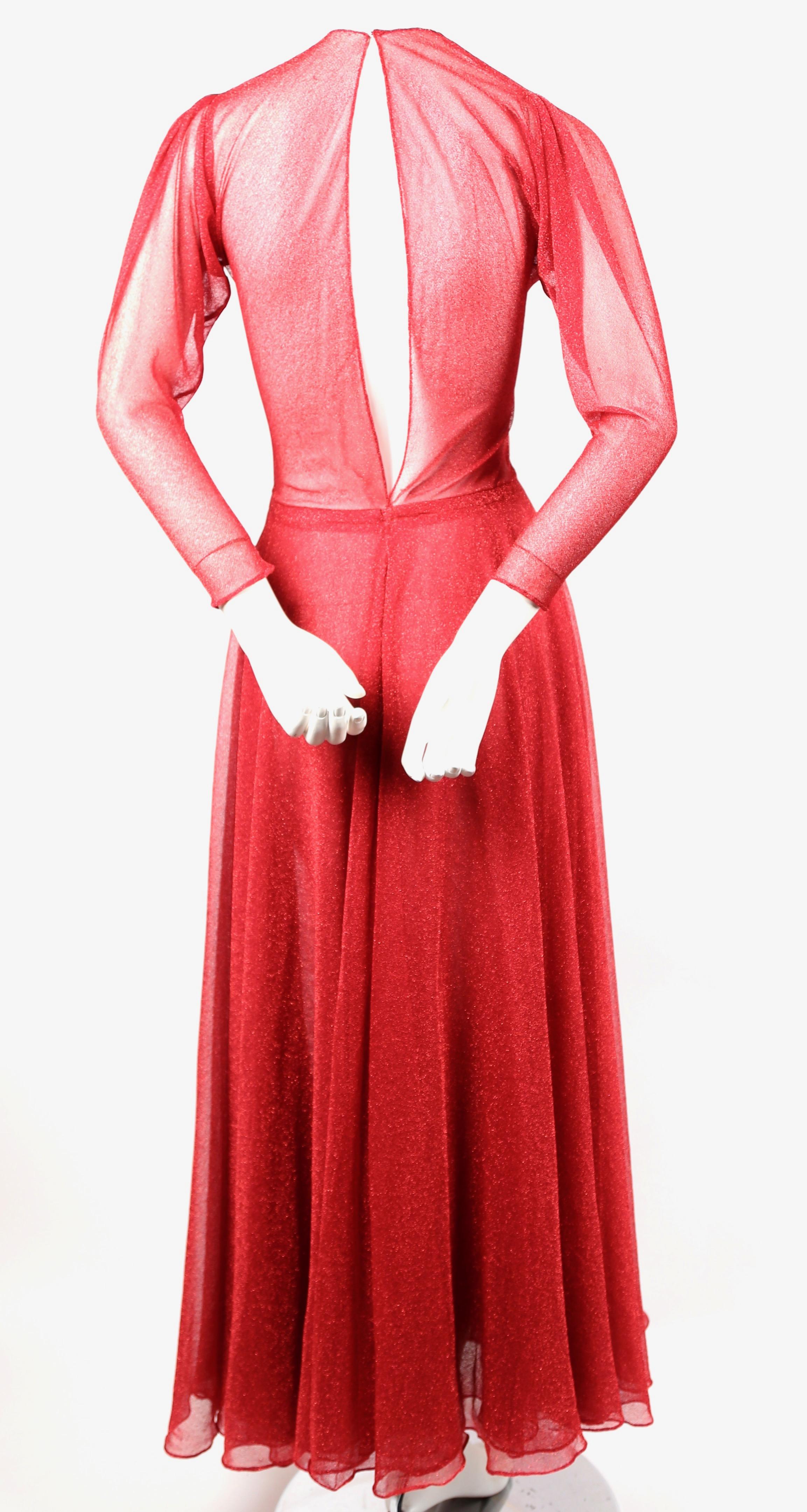 Red 1970's HALSTON fuchsia lurex long sleeved dress 
