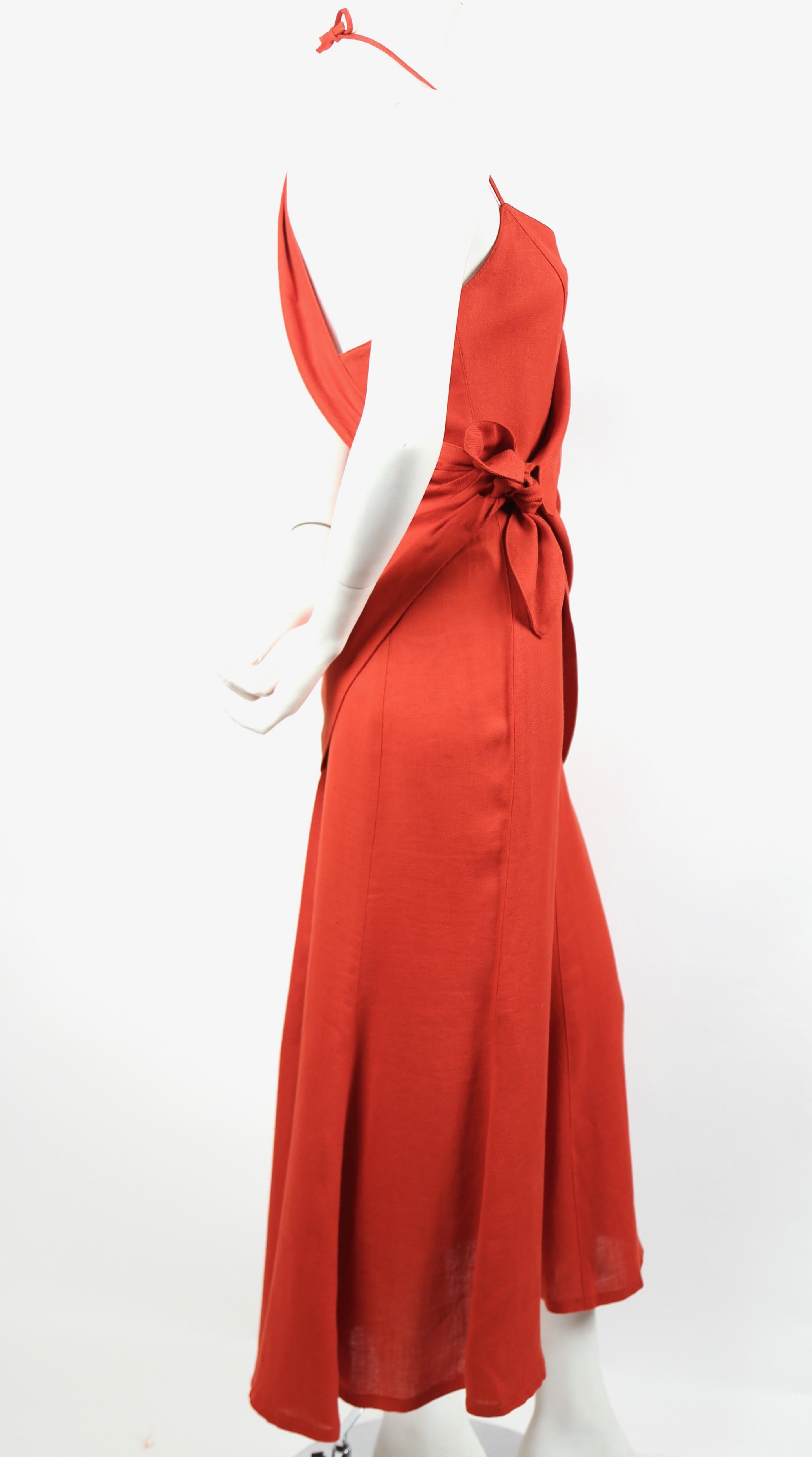 Red Thierry Mugler terra cotta linen dress with asymmetrical wrap, 1990s 