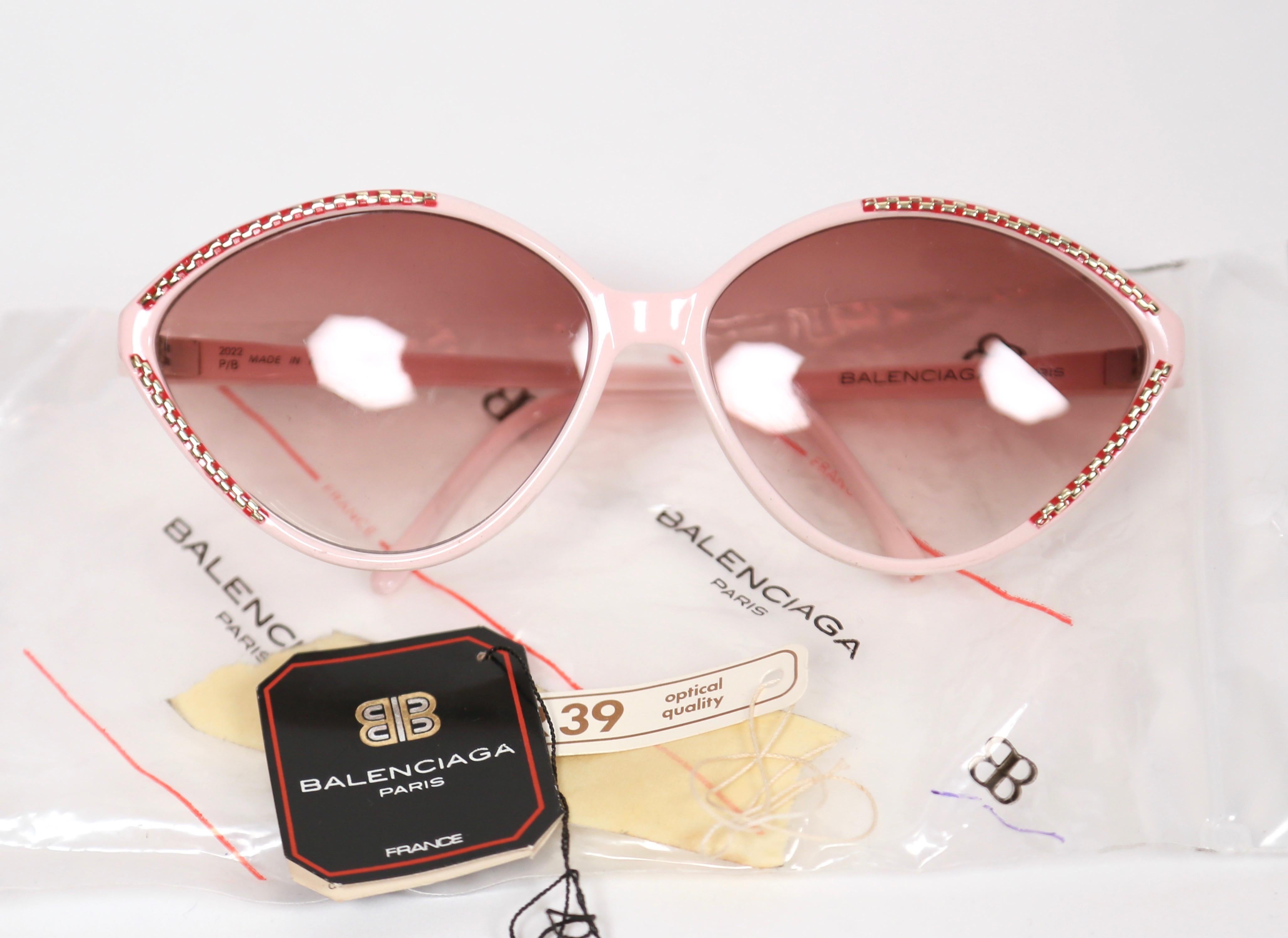 Women's or Men's Balenciaga pink and burgundy plastic sunglasses with gold accents, 1980s