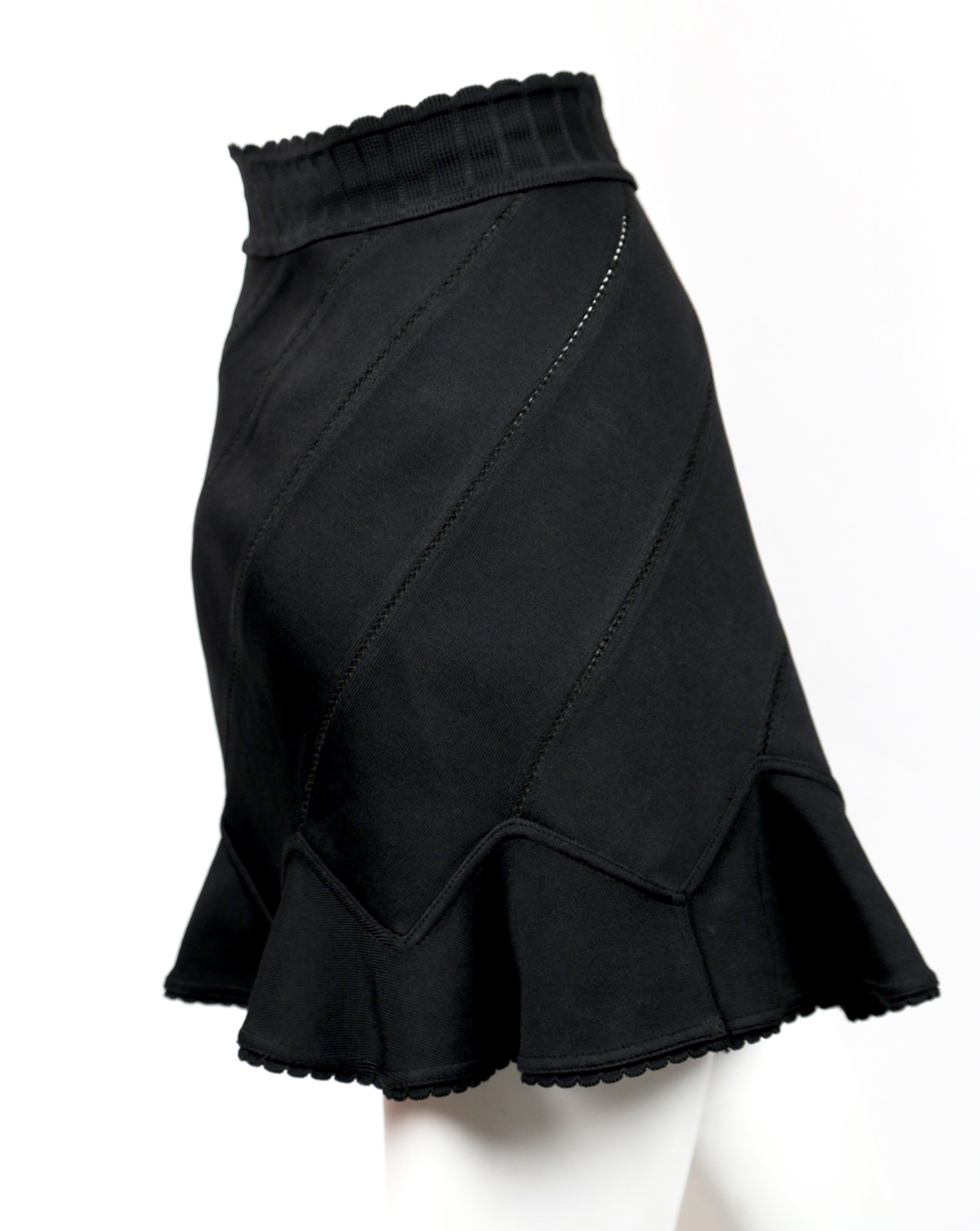 1992 AZZEDINE ALAIA black pointelle knit skirt with spiral seams & flounced hem In Excellent Condition In San Fransisco, CA