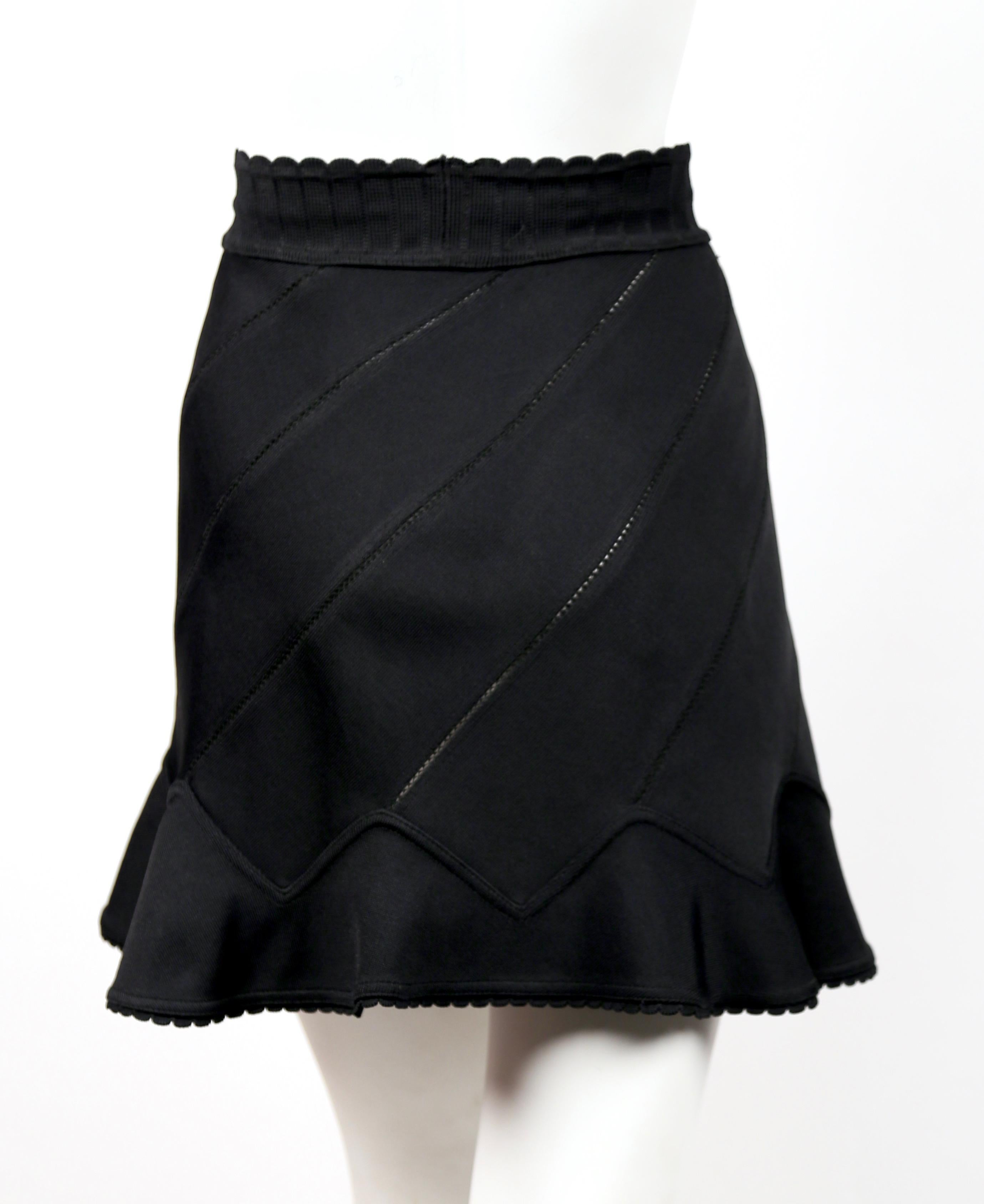 Women's or Men's 1992 AZZEDINE ALAIA black pointelle knit skirt with spiral seams & flounced hem