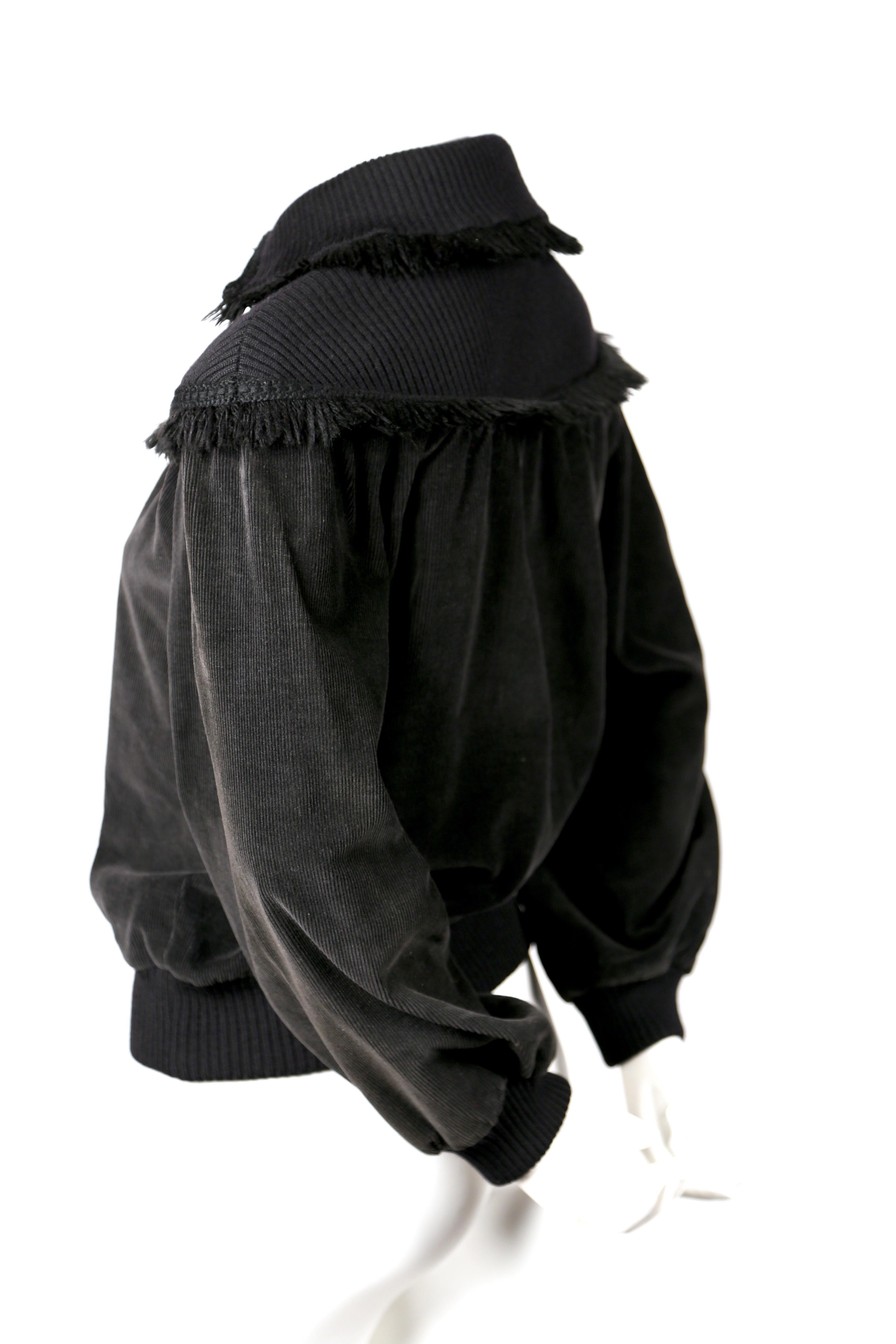 Black 1970's SAINT LAURENT black corduroy sweater with fringed trim For Sale
