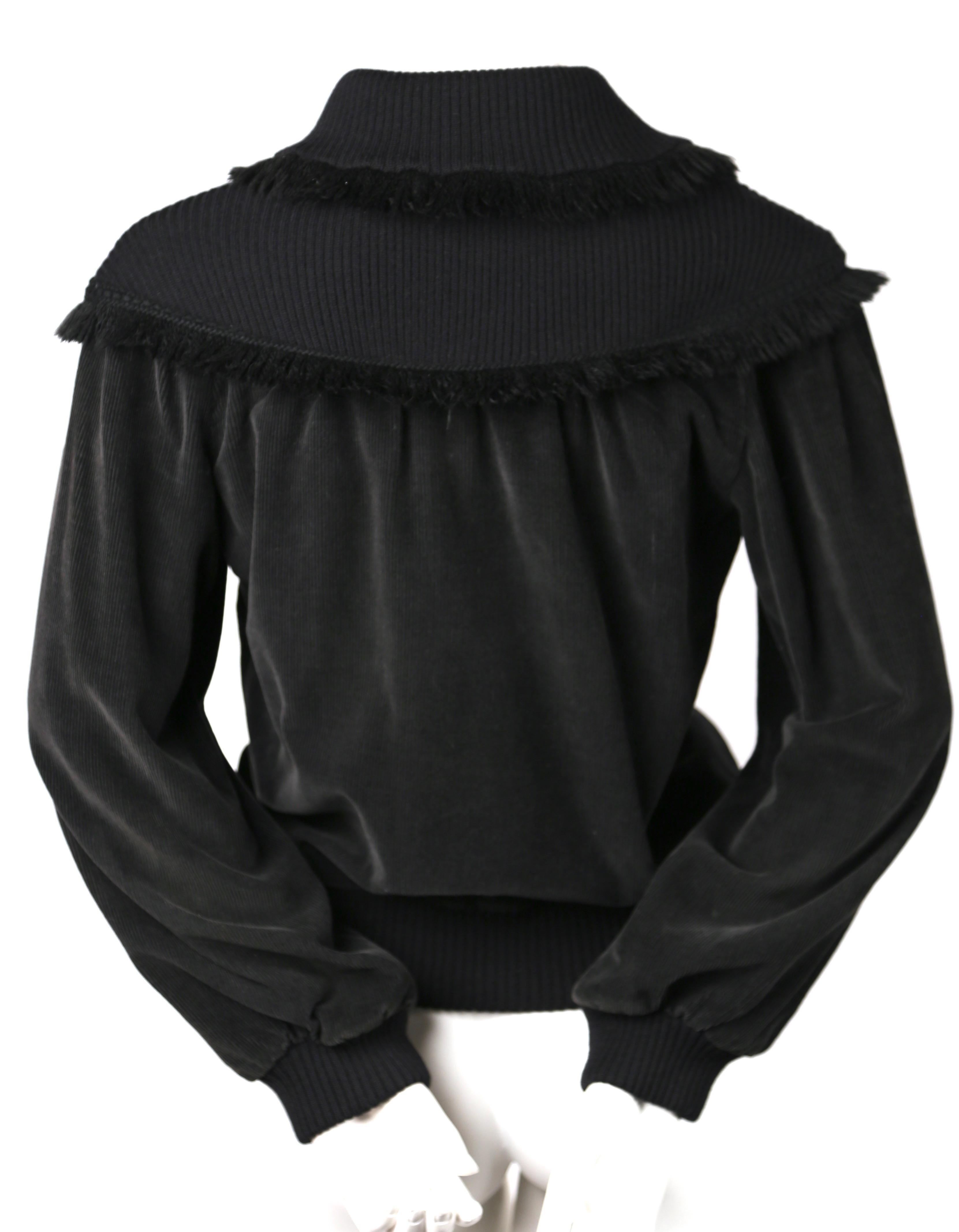 1970's SAINT LAURENT black corduroy sweater with fringed trim In Good Condition For Sale In San Fransisco, CA