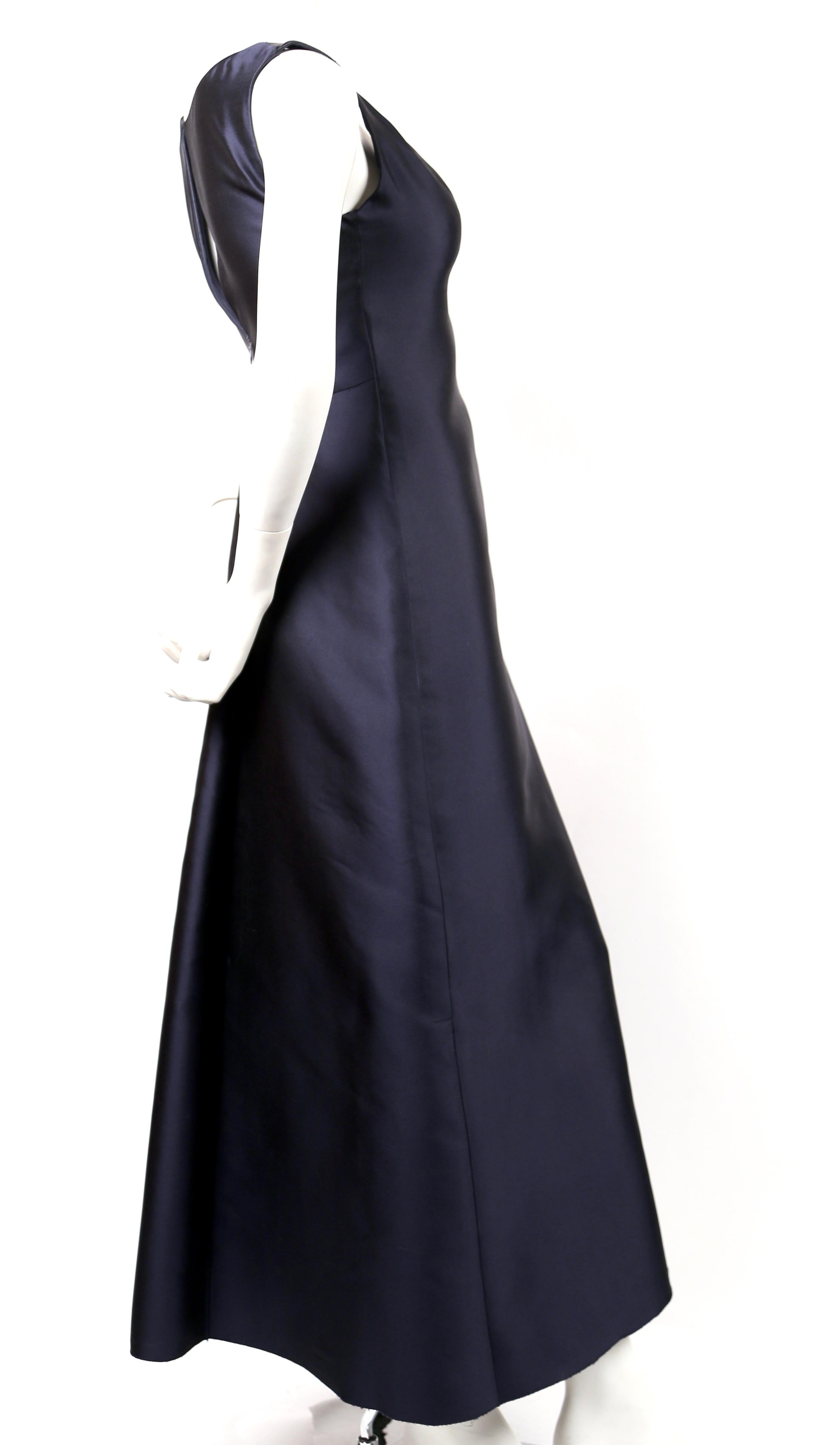 Rich navy blue silk dress with asymmetrical swag designed by Josephus Thimister for Balenciaga le dix as seen on the runway in spring of 1997. Dress is labeled a French size 38, however it is very slim through the chest and best fits a size 2.