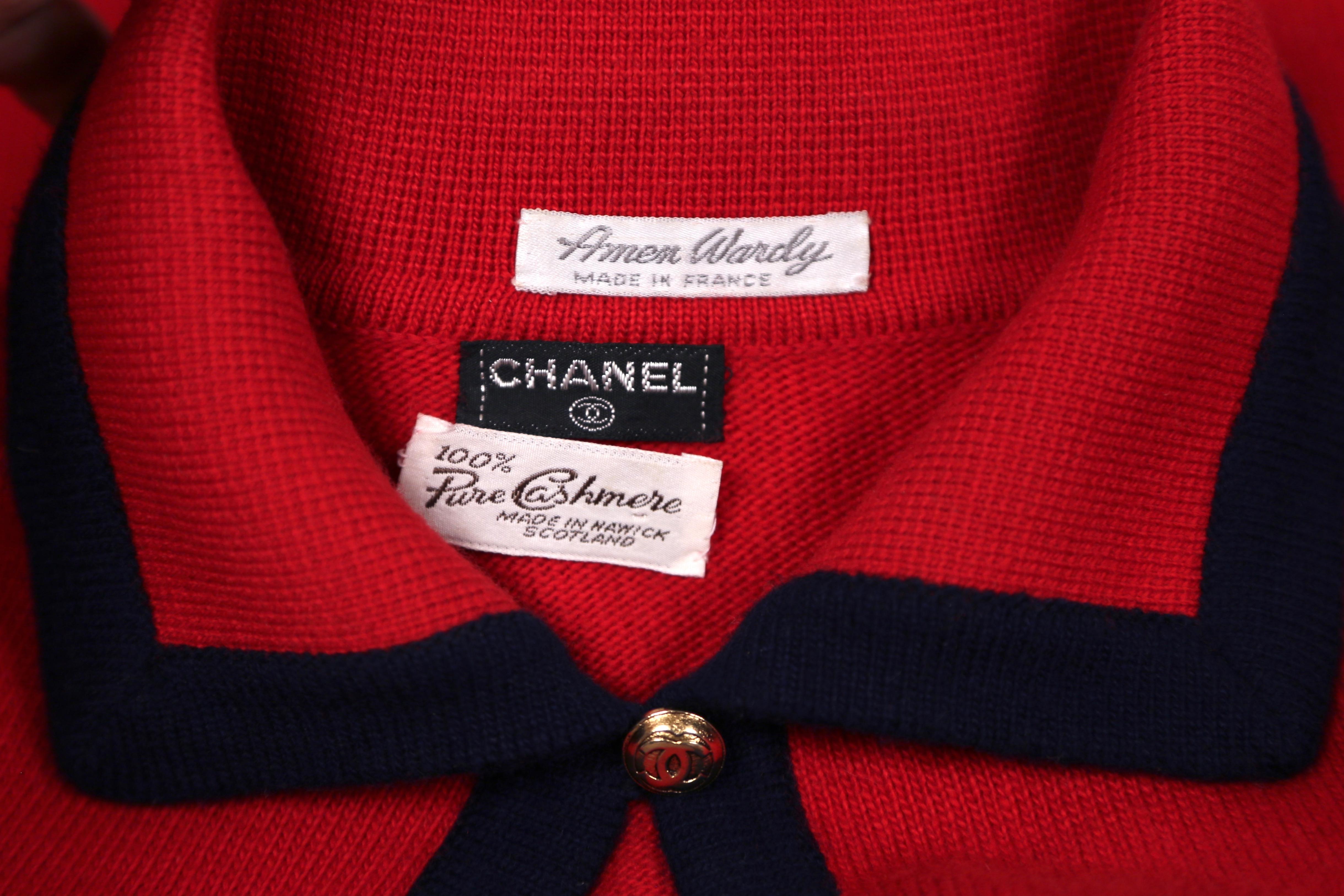 Women's or Men's Chanel red and navy cashmere cardigan sweater, 1980s 