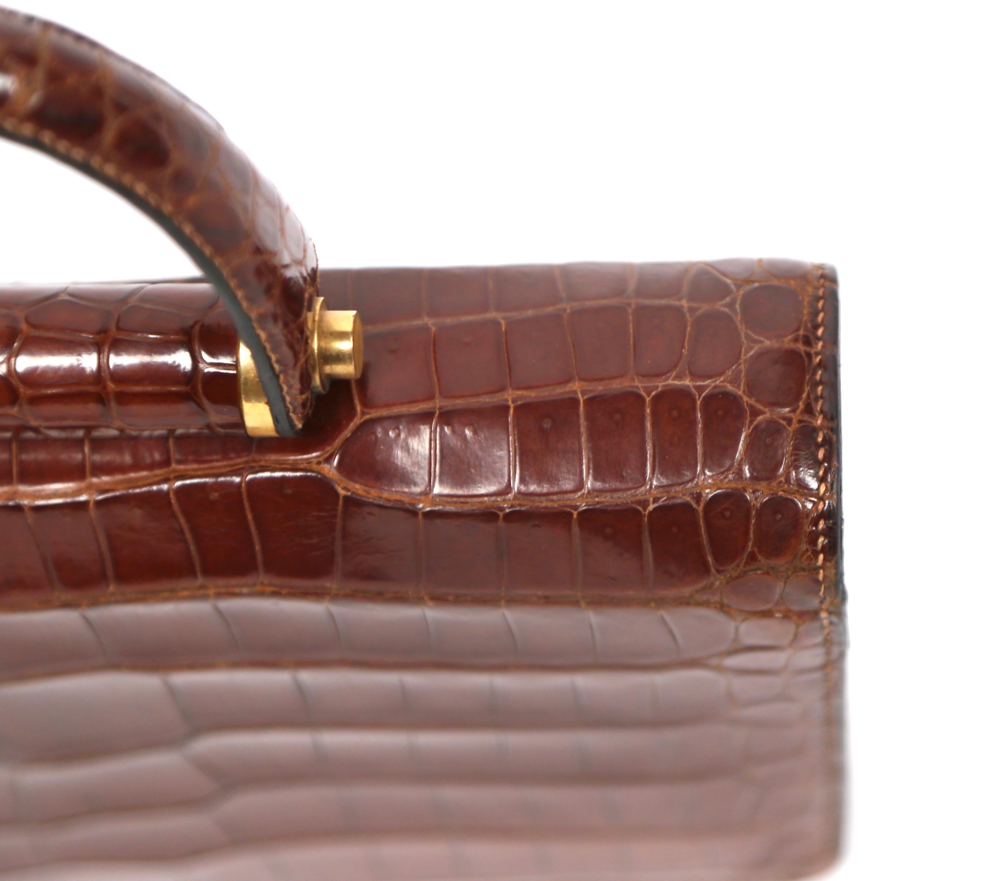 Brown 1940's HERMES crocodile top handle bag with geometric hardware