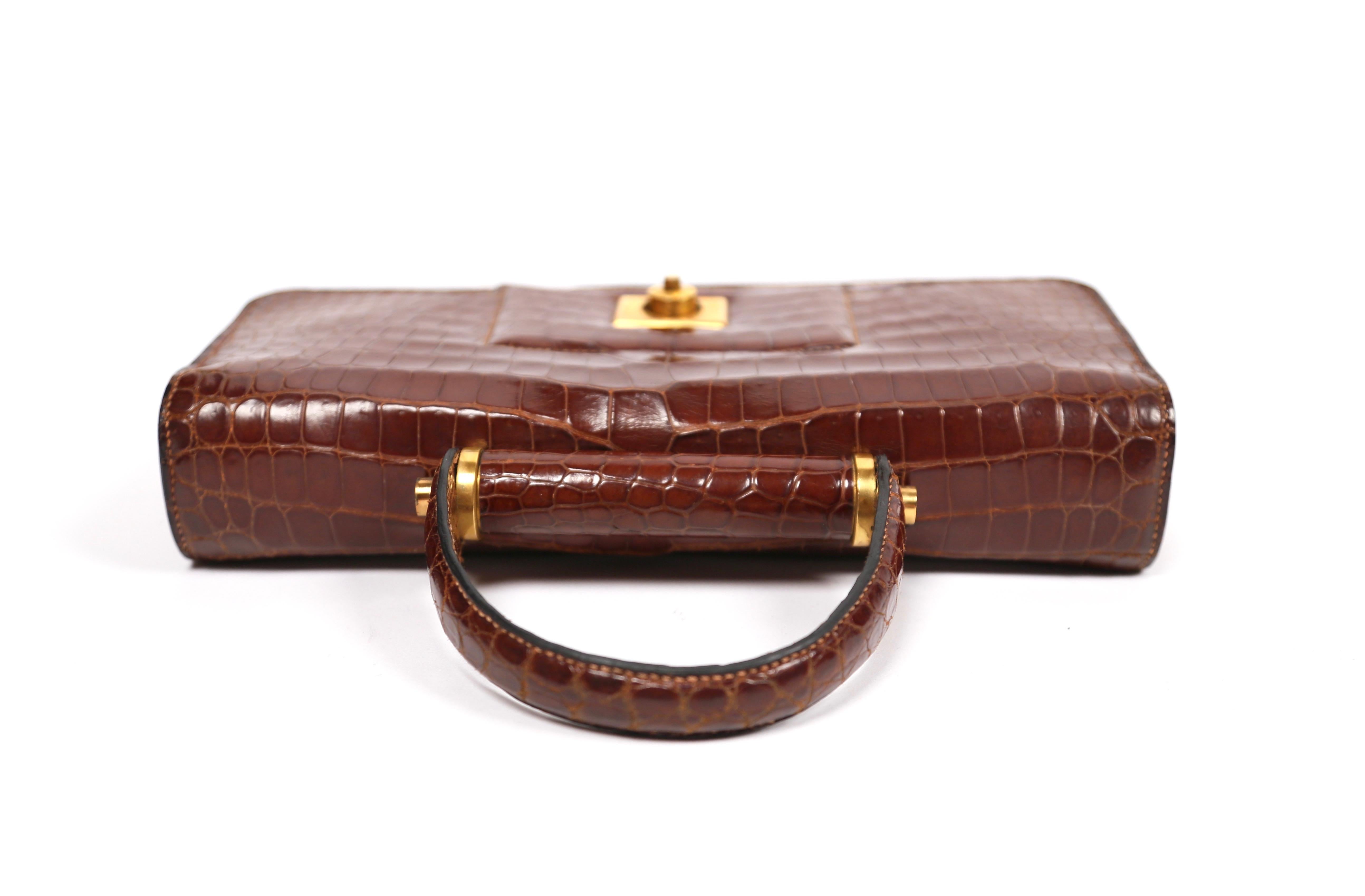 1940's HERMES crocodile top handle bag with geometric hardware 1