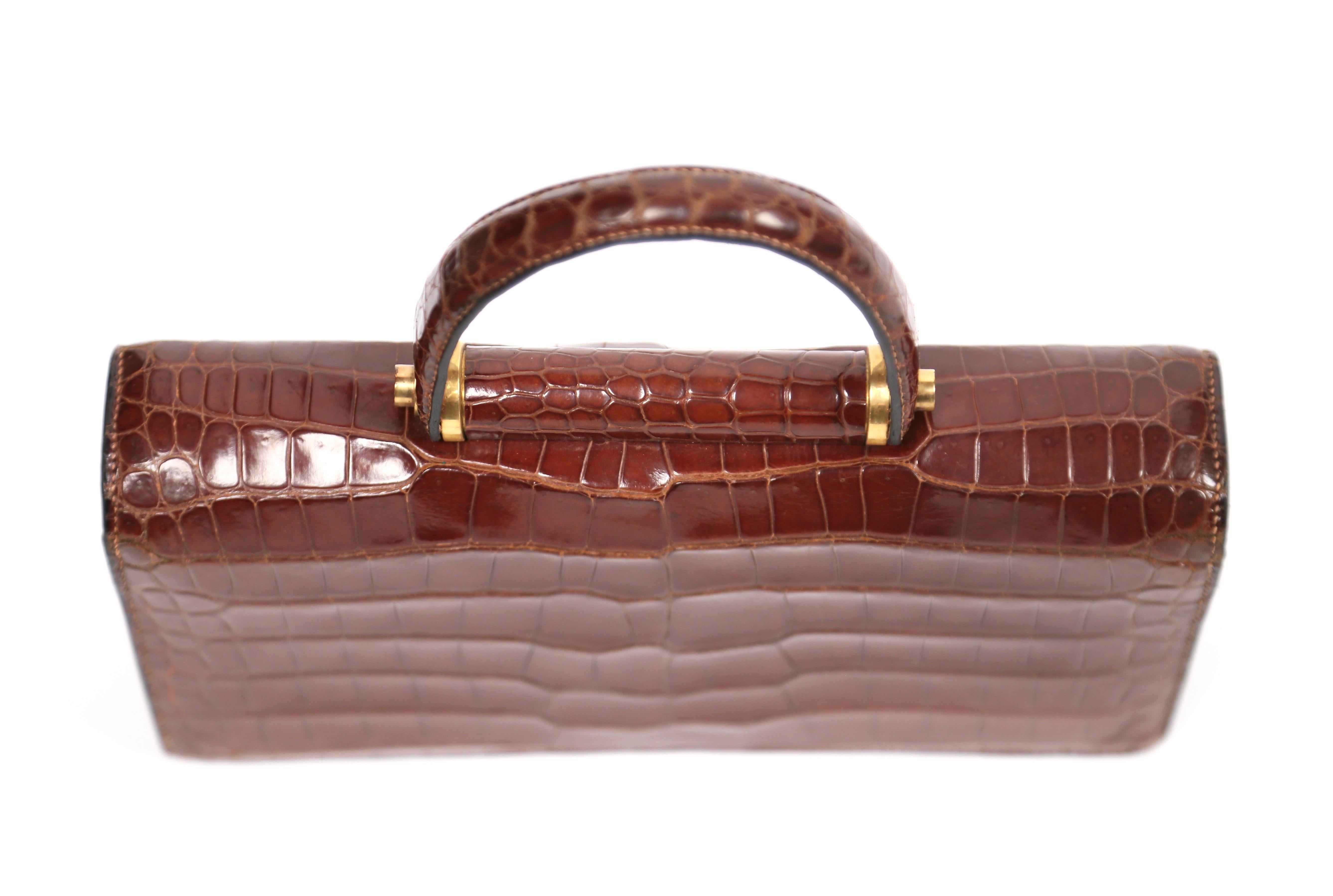 1940's HERMES crocodile top handle bag with geometric hardware 2