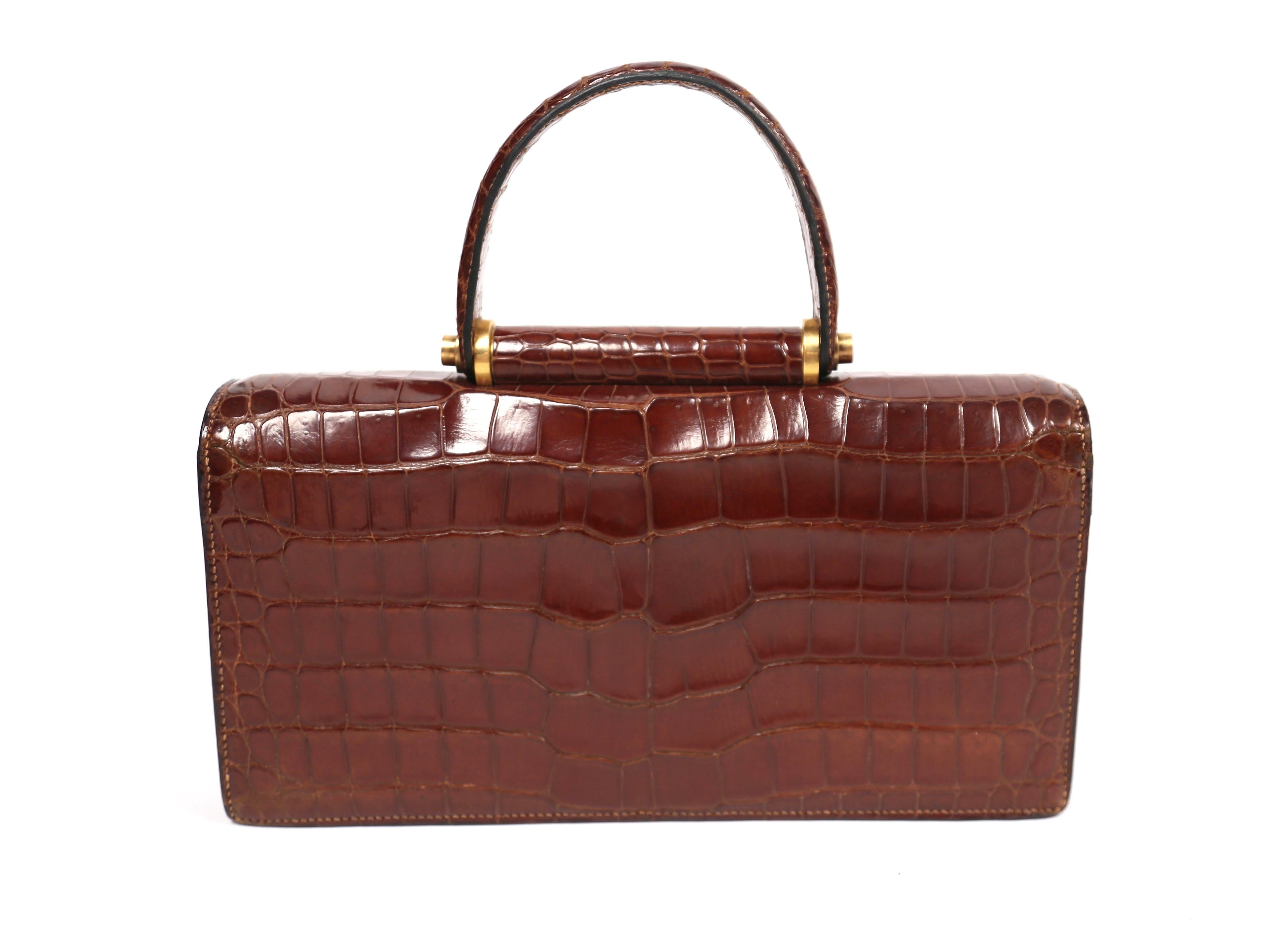 1940's HERMES crocodile top handle bag with geometric hardware 4