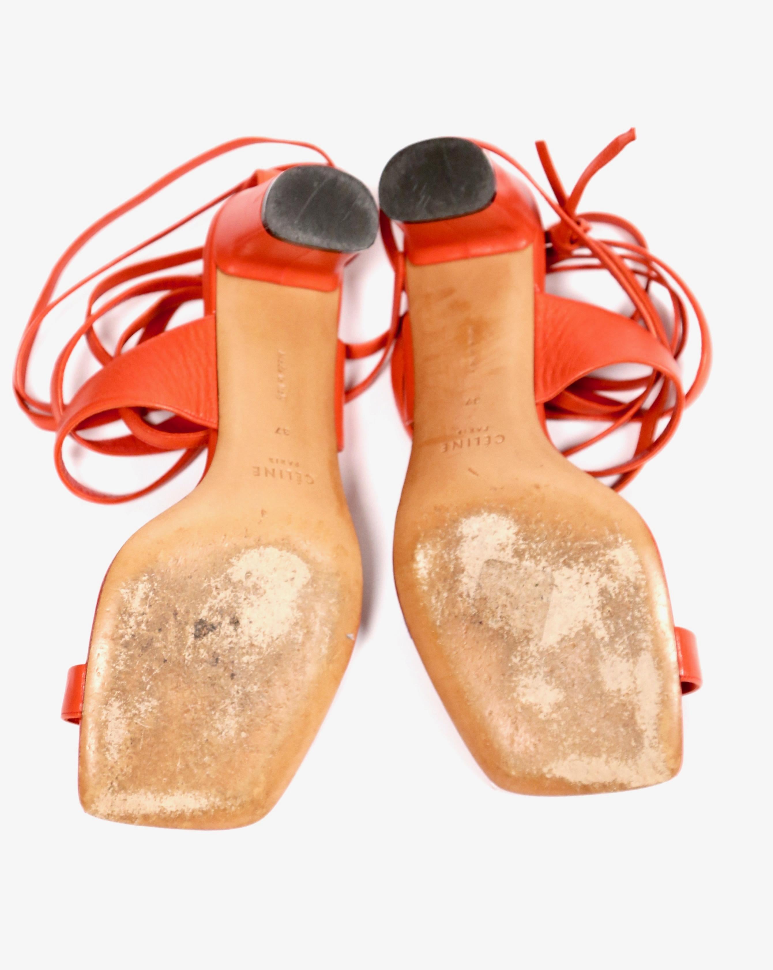 CELINE by PHOEBE PHILO red leather wrap around runway sandals In Excellent Condition In San Fransisco, CA