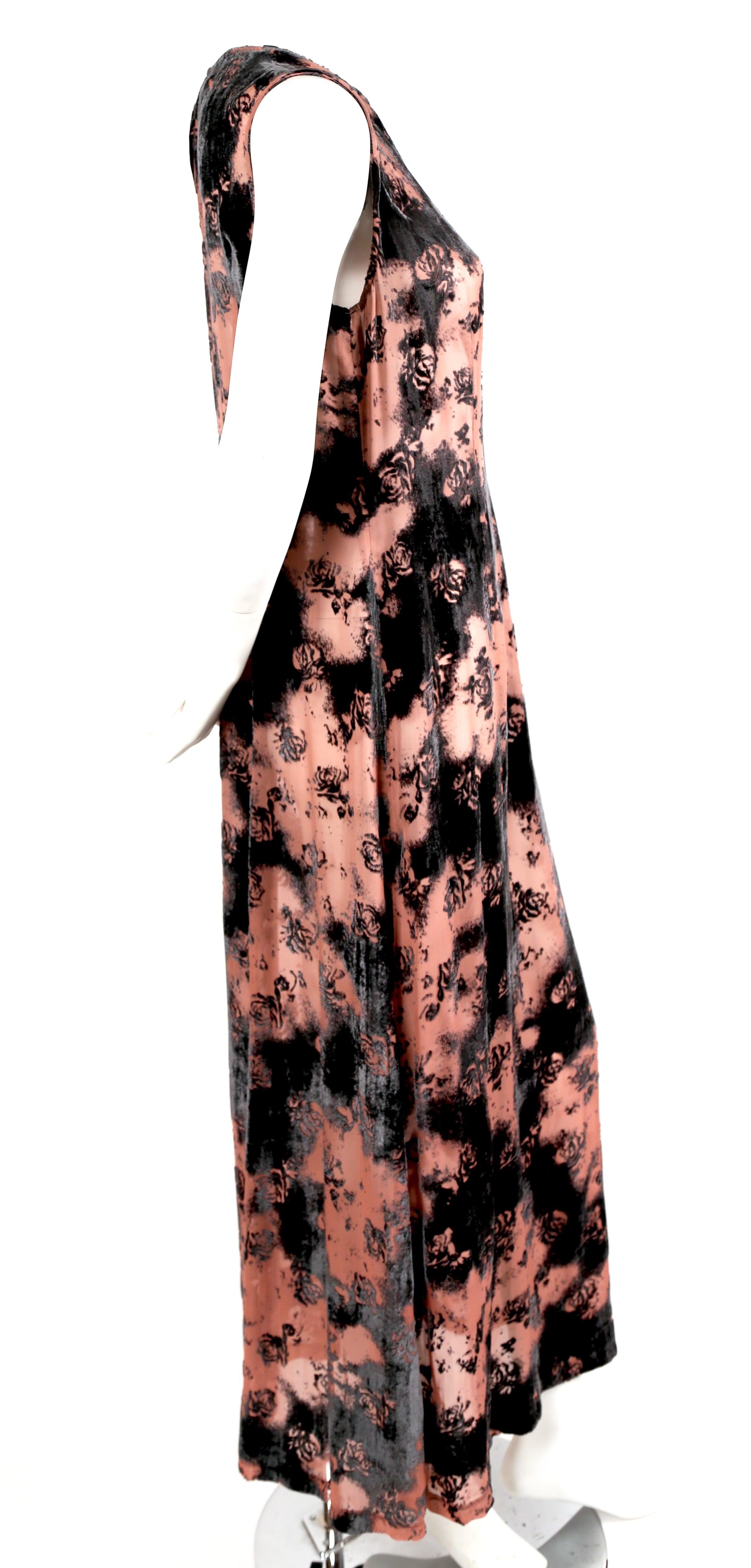 Soft pink and black semi-sheer, velvet maxi dress designed by Ann Demeulemeester dating to the 1994. Belgian size 38 which best fits a US 4 or 6. Approximate measurements: bust 36