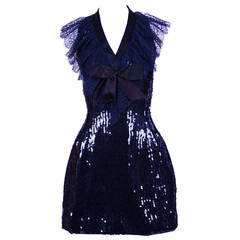 1987 CHANEL navy blue sequined mini dress with chantilly lace collar & satin bow