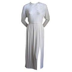 1970's HALSTON white silk jersey dress with silver beading