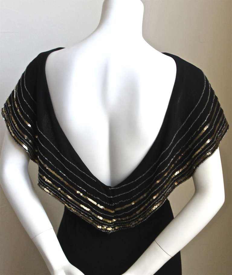1930's black bias cut crepe gown with beaded caplet In Good Condition In San Fransisco, CA