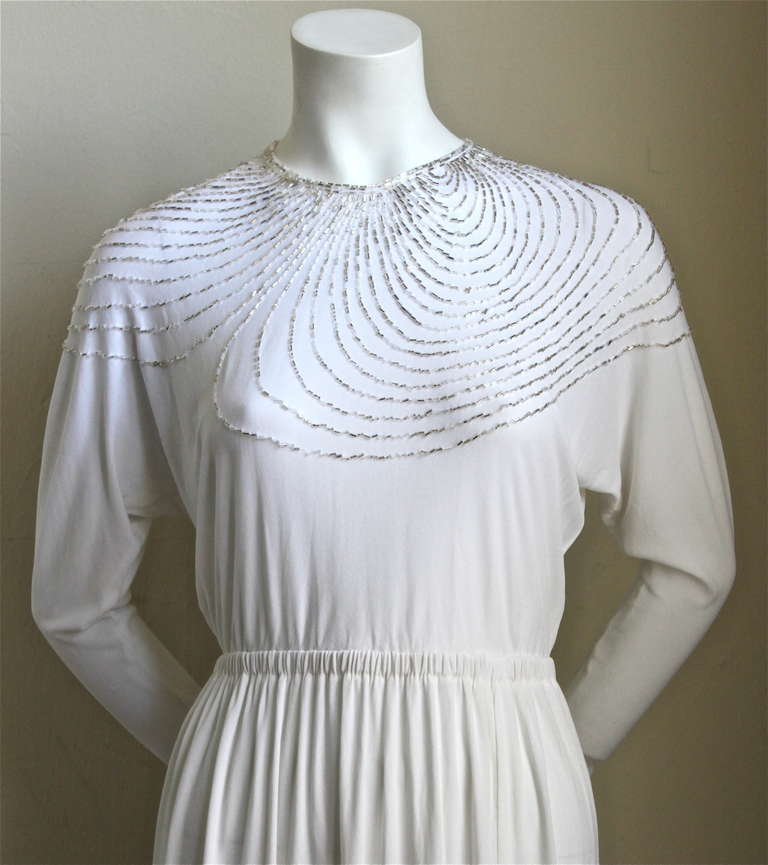 Silver 1970's HALSTON white silk jersey dress with silver beading