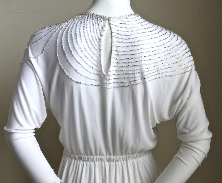 1970's HALSTON white silk jersey dress with silver beading In Good Condition In San Fransisco, CA