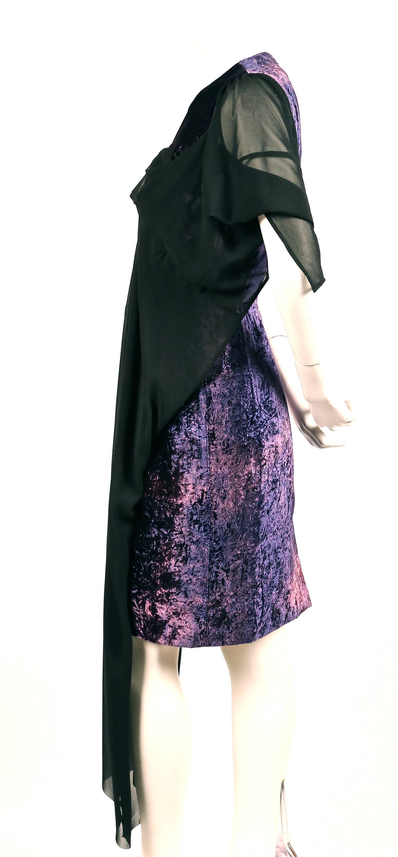 Very unique tie dyed velvet dress with sheer draped black overlay from Junya Watanabe from fall of 2012. Size 'S'. Approximate measurements: 13