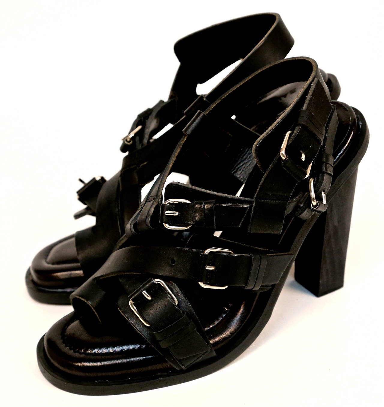 2003 Nicolas Ghesquière for Balenciaga black leather sandals 38 unworn In New Condition In San Fransisco, CA