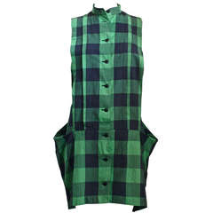 1980's ISSEY MIYAK green and place checked mini dress with draped back