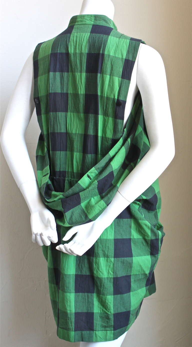 1980's ISSEY MIYAK green and place checked mini dress with draped back In Excellent Condition In San Fransisco, CA